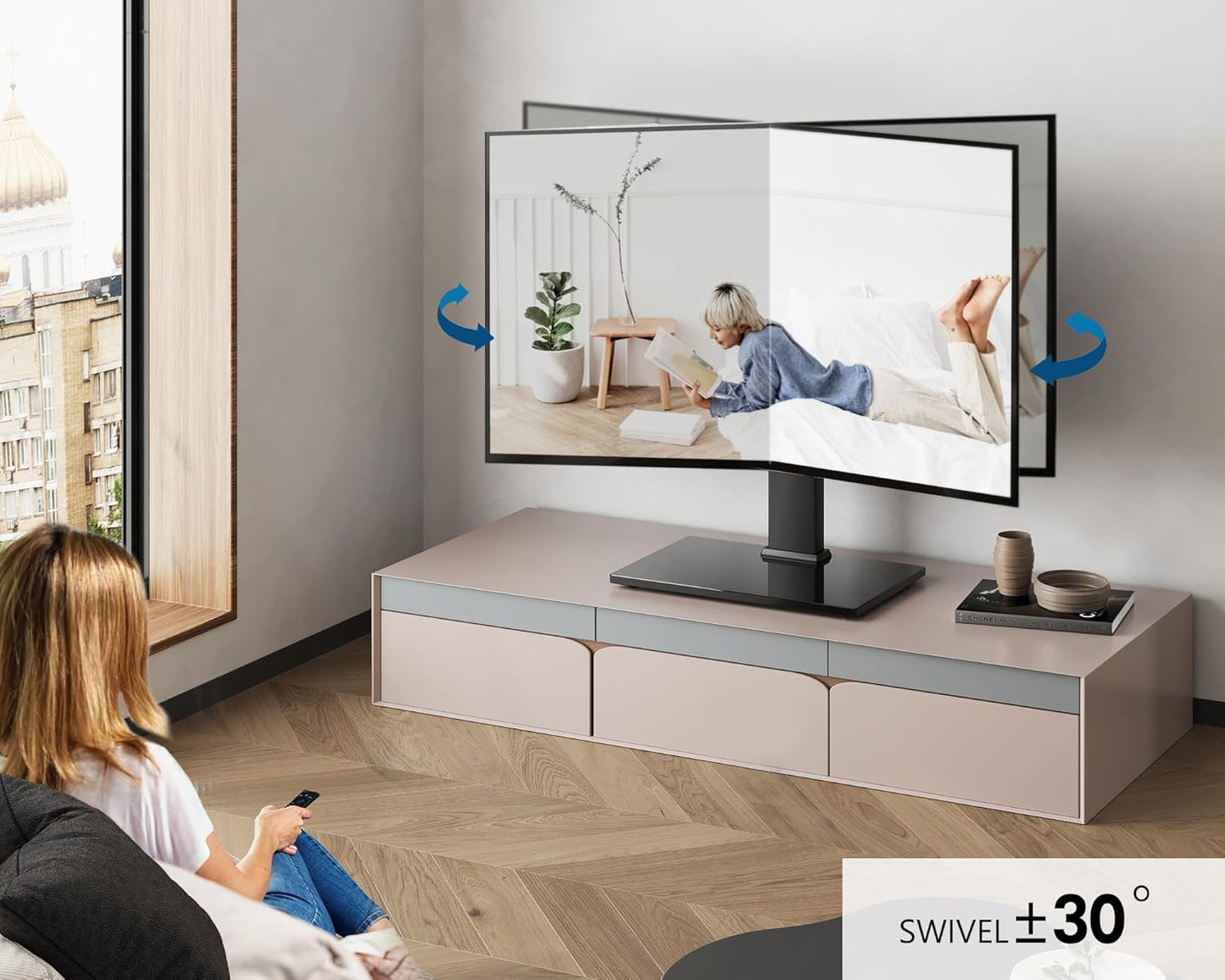 FITUEYES Universal TV Stand, Swivel TV Table Stands for 27-55 Inch Flat Screen, Tabletop TV Stand with Mount for Bedroom/Living Room, Height Adjustable, Holds up to 88 lbs, Glass Base, Black