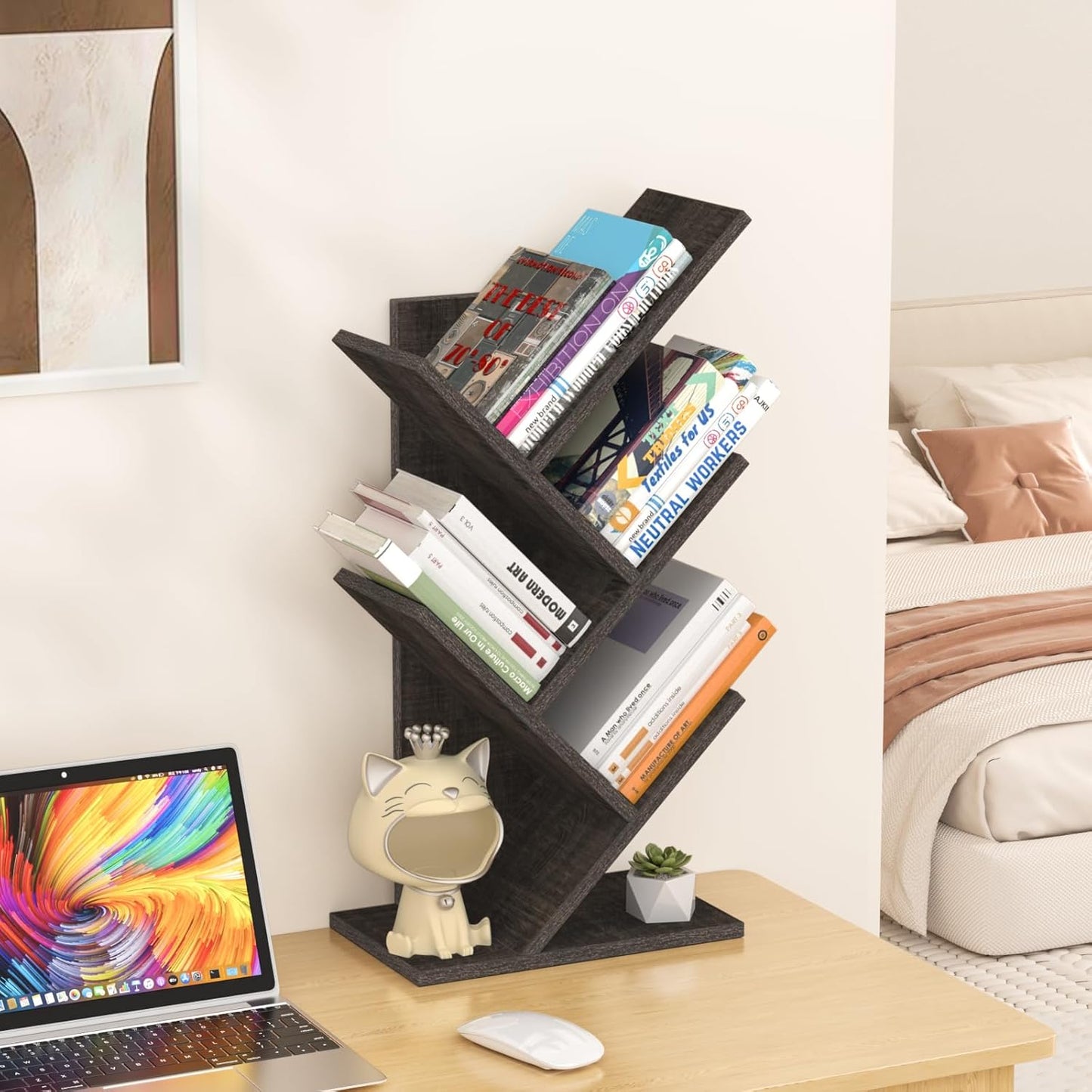 5 Tier Tree Book Shelf, Small Desktop Bookshelf with Storage Organizer, Wood Bookcase, Desk Display Bookshelves, Floor Standing Organizer Bookcases for Living Room,Bedroom,Office-Dark Grey