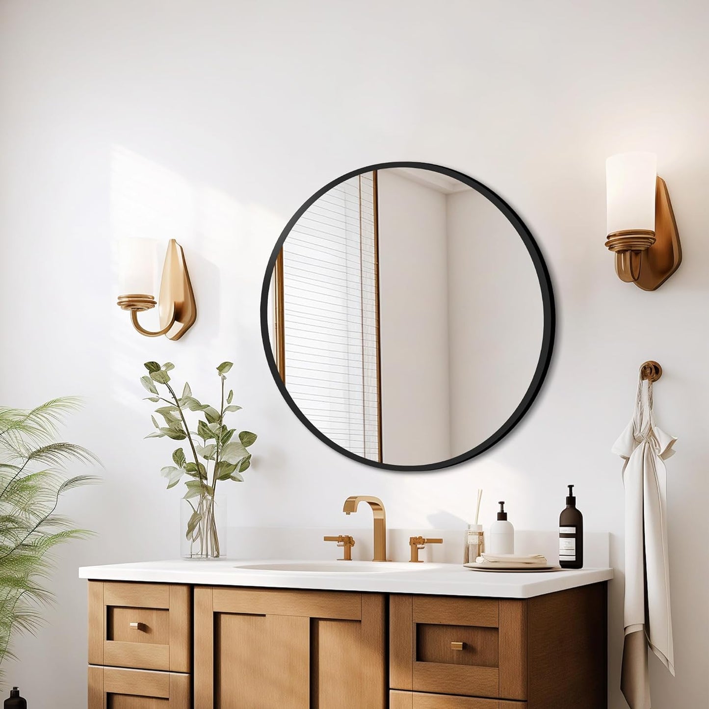 Round Mirror Black Frame 28 Inch Mirror Living Room Round Bathroom Mirrors Frosted Metal Frame Anti-Rust Tempered Glass for Bathroom Living Room Decorative