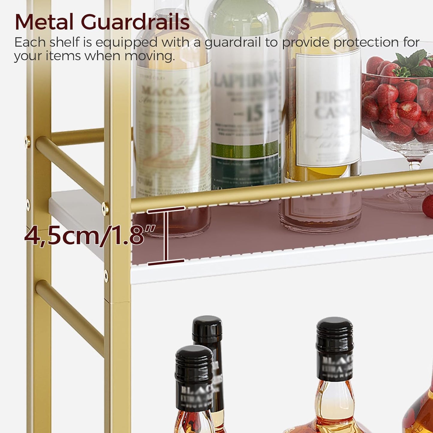 Bar Cart for The Home, 3-Tier Drink Cart on Wheels, Home Bar Serving Cart, Mini Bar Cart for Small Space, Rolling Kichen Carts for Bar, Kitchen, Dining Room, Gold RCJW4001