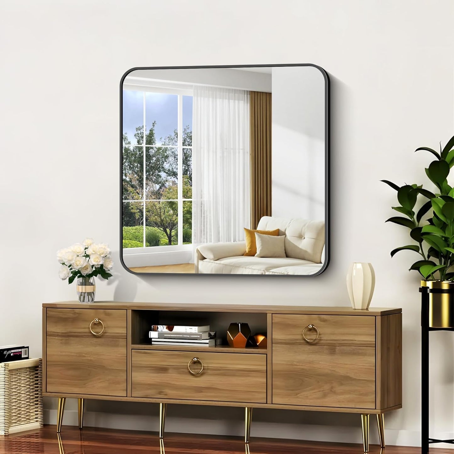 Bathroom Mirror, 36"x36" Black Square Wall Mirror, Metal Frame Rounded Corner Vanity Mirror, Large Wall Mounted Mirror for Modern Bedroom Living Room Horizontal Or Vertical Mounting