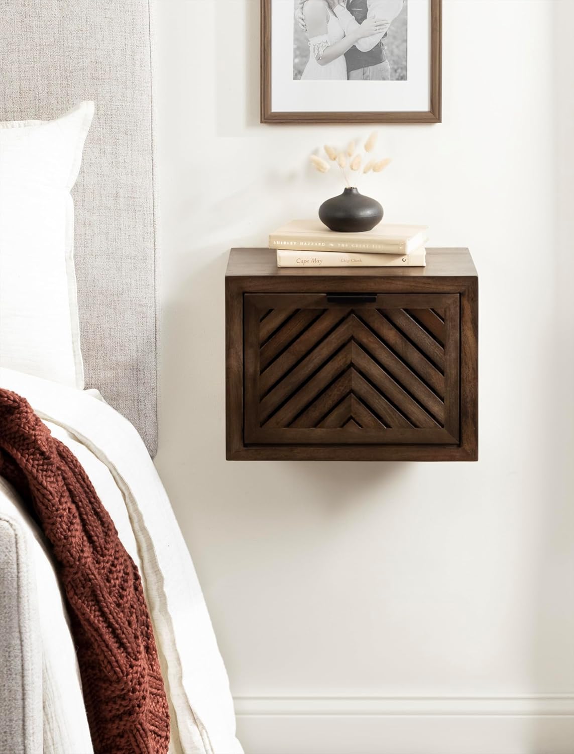 Kate and Laurel Mezzeta Modern Floating Shelf Side Table with Storage Cubby; 16 x 10 x 12; Natural Wood; Decorative Slatted Wood Floating Nightstand with Pull Down Door for Use as Bathroom Storage