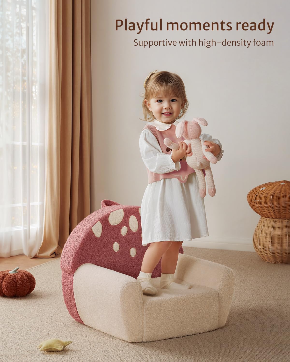 Blissful Diary Toddler Chair Comfy, Foam Kids Chair with Soft Teddy Plush, Toddler Reading Armchair with Cute Mushroom Designs- Rusty Red