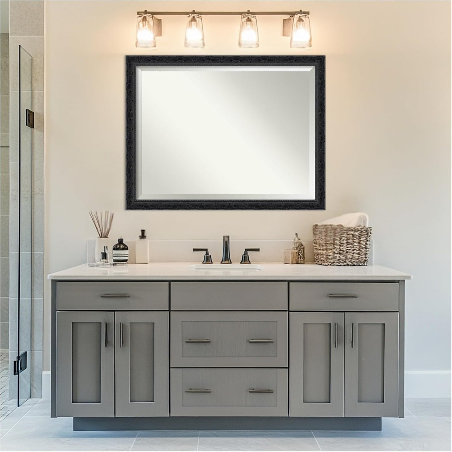 Amanti Art Bathroom Mirror for Over Sink, 35x45 Filigree Gloss Black Rectangle Vanity Mirror, X-Large Traditional Frame, Hangs Horizonally and Vertically, Bathroom Wall Decor, Beveled Edge