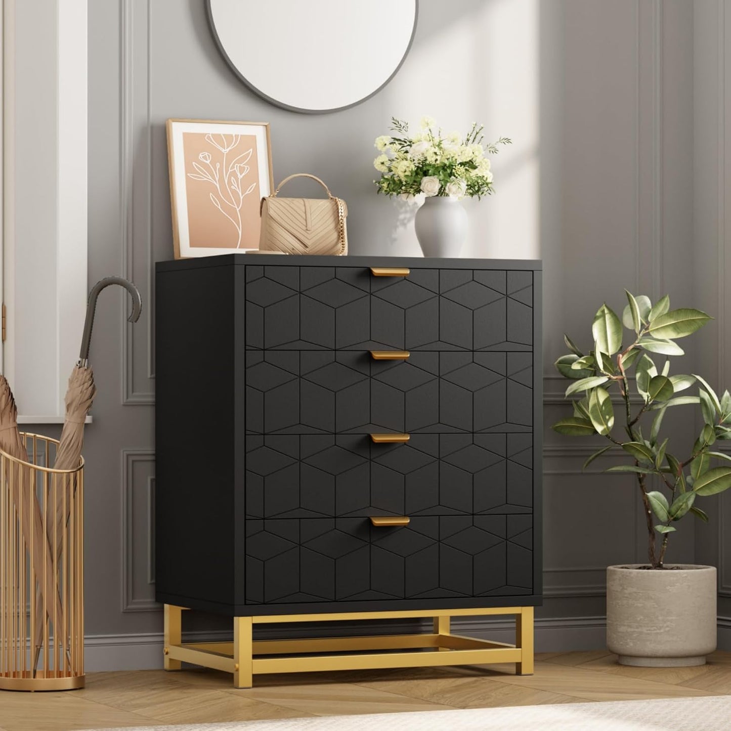 GAOMON Black Dresser, 4 Drawer Dresser for Bedroom, Wood Chest of Drawers, Modern Dressers with Gold Metal Handles for Living Room, Hallway, Entryway