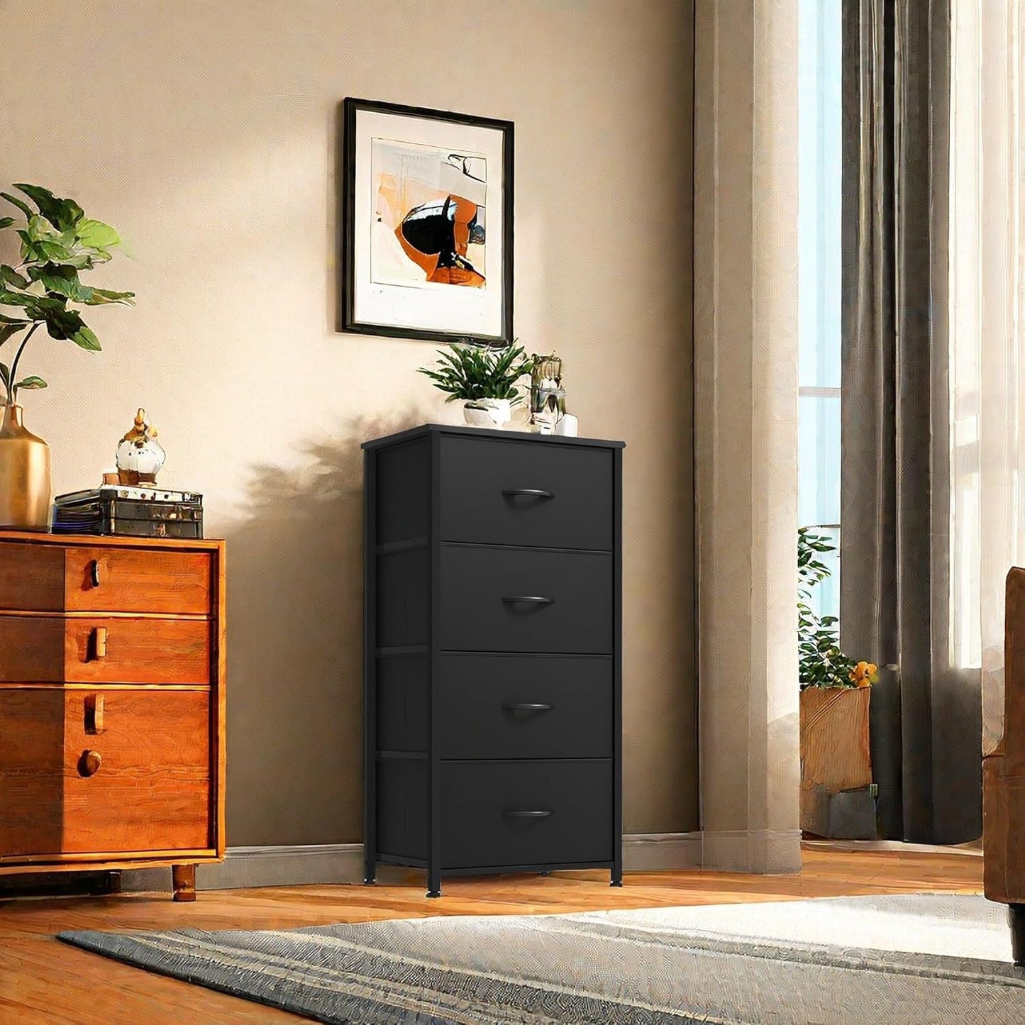 DWVO Storage Tower with 4 Drawers - Fabric Dresser, Organizer Unit, Living Room, Closets - Sturdy Steel Frame, Easy Pull Fabric Bins & Wooden Top