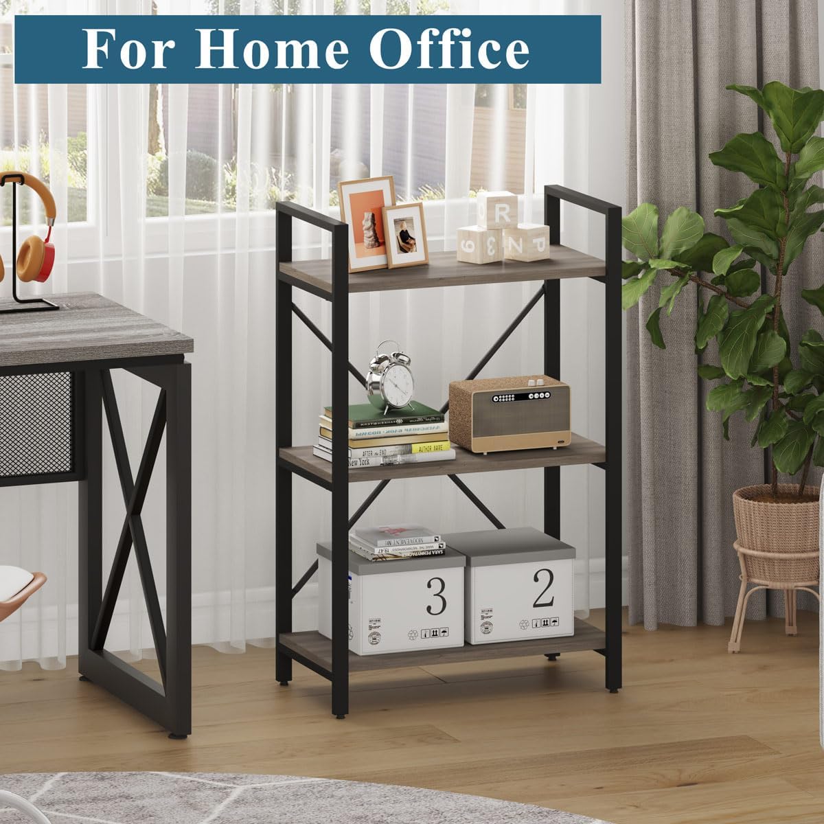 BON AUGURE 3 Tier Bookshelf, Small Rustic Book Shelf, Short Industrial Bookcase, Wood Metal Standing Etagere for Office, Bedroom and Living Room (Greige Oak)