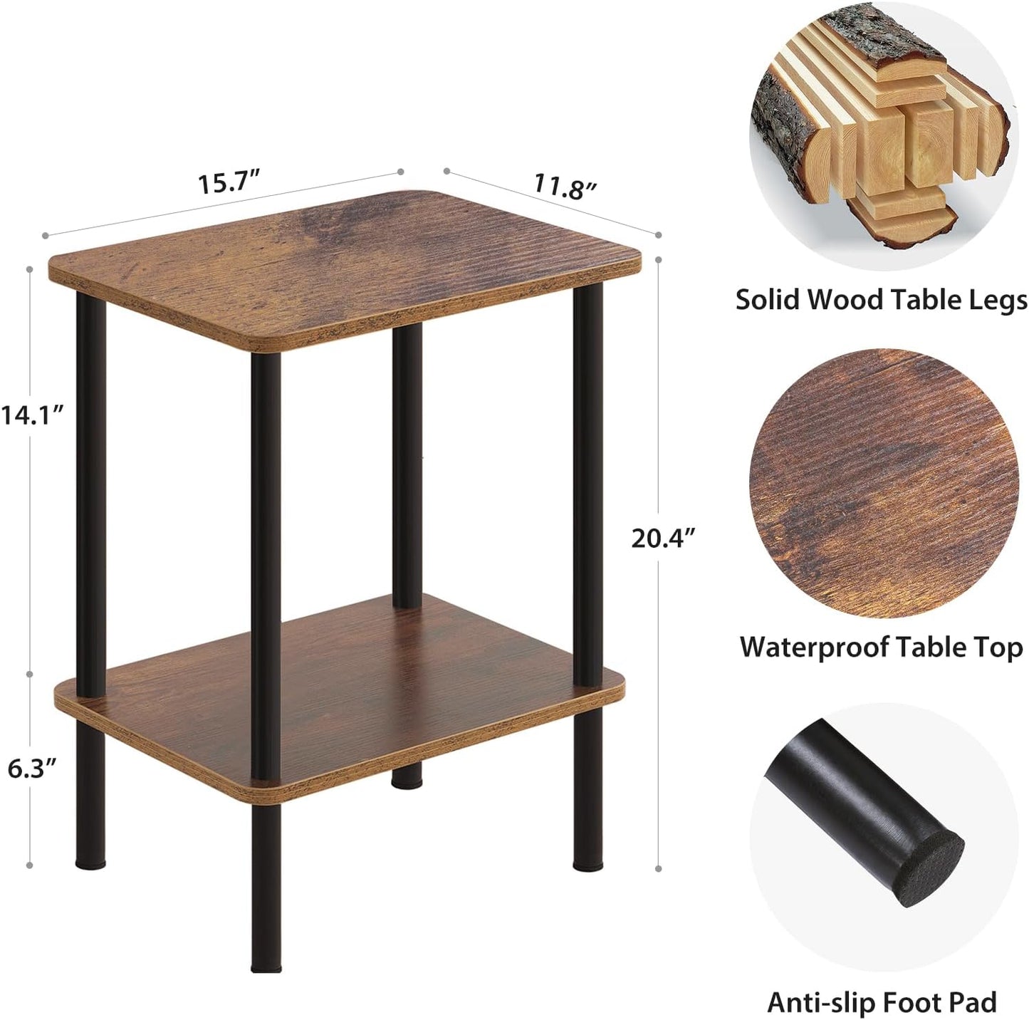 Apicizon 2 Tier End Table, Small Side Table with Solid Wood Legs, Boho Bedside Table with Storage Shelf, Nightstand for Small Spaces, Bedroom, Living Room, Entryway, Farmhouse, Easy Assembly, Brown