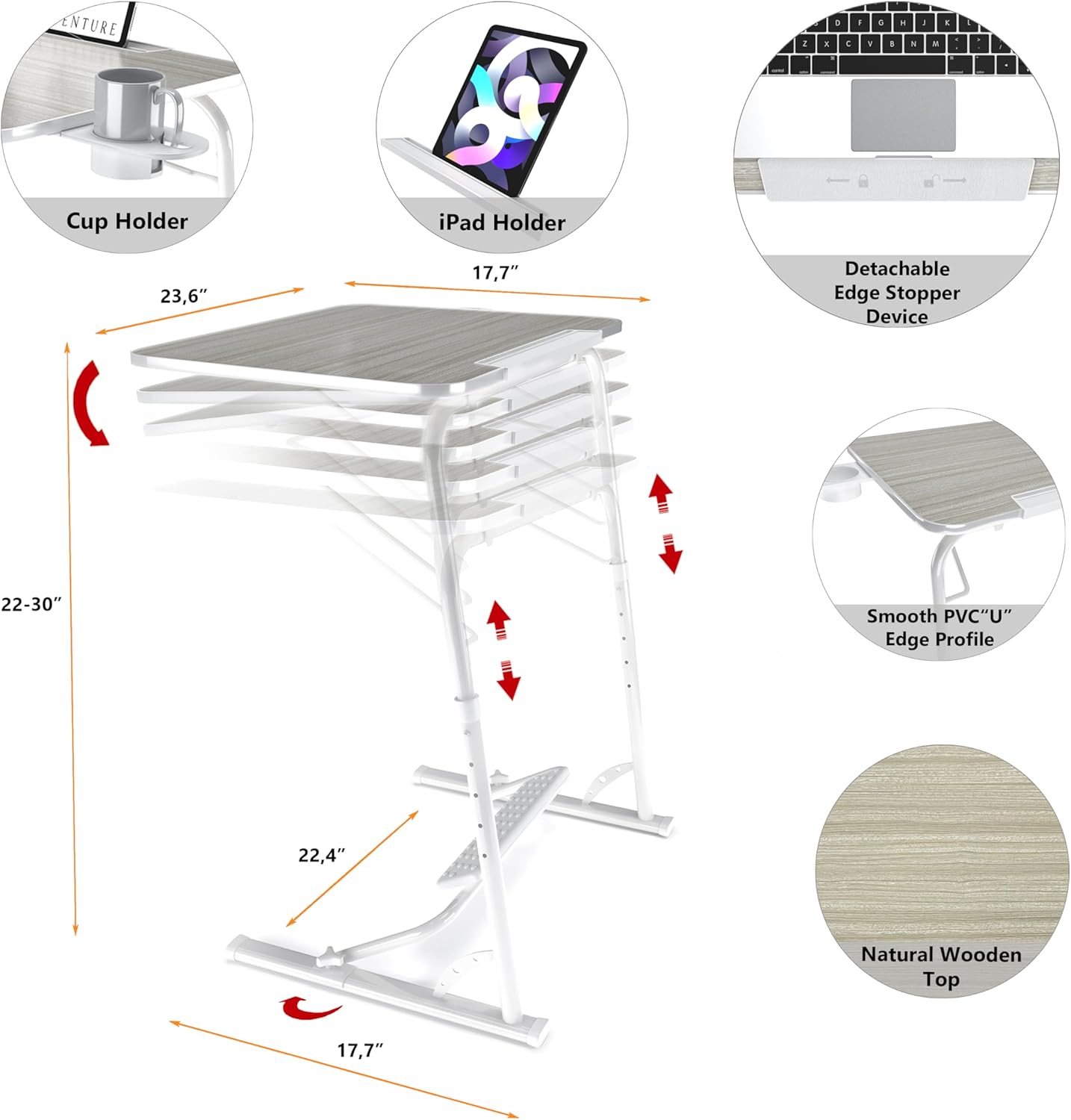 FoldWise Upgraded Folding TV Tray Table - Extra Large & Sturdy Laptop Table for Couch, Height & Angle Adjustable Desk for Dinner, Work & TV - Includes Footrest, Cup Holder, iPad Holder & Edge Stopper