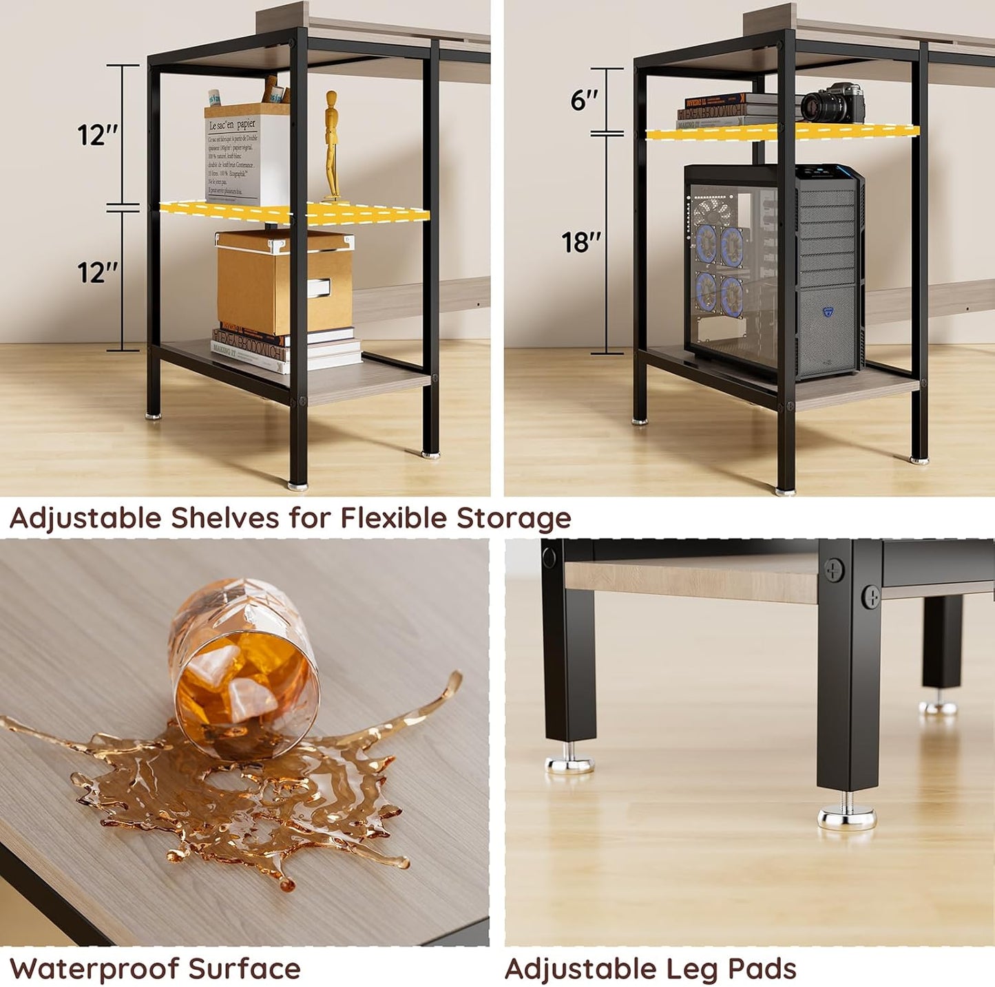 Computer Gaming Desk with Monitor Stand, Home Office Desk Suitable for 2 Monitors, Writing Desk with Adjustable Storage Space,Sturdy and Durable Modern Small Desk (Grey, 55 inchs)