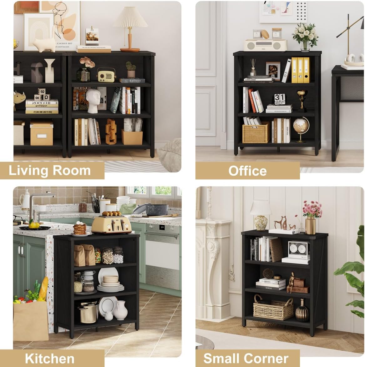 BON AUGURE Small Bookshelf, 3 Tier Black Book Shelf, Farmhouse Storage Bookcase, Short Wooden Book Cases for Small Space, Office, Bedroom, Living Room (Black Oak)