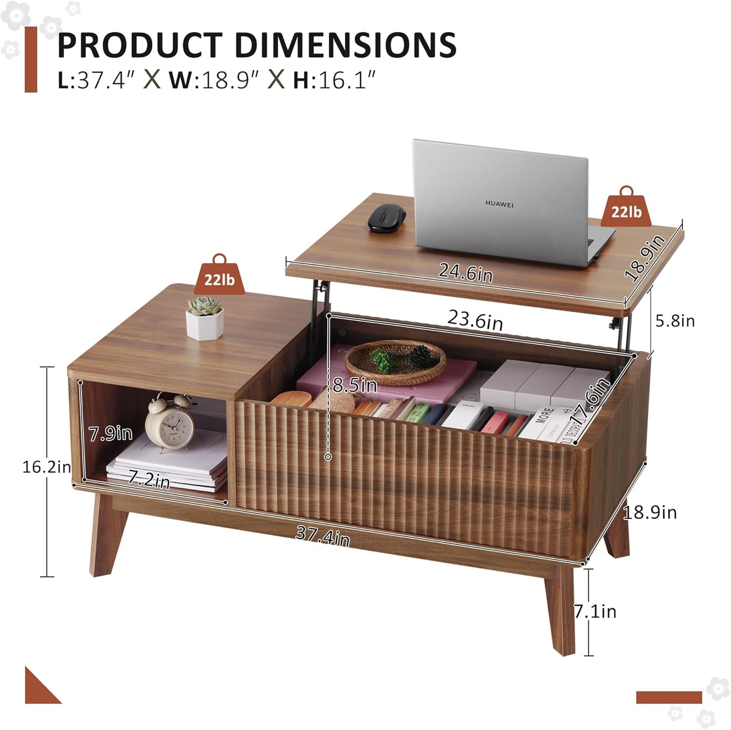 LYNCOHOME Fluted Lift Top Coffee Table with Hidden Compartment, Modern Center Table for Living Room, Home Office（Walnut）