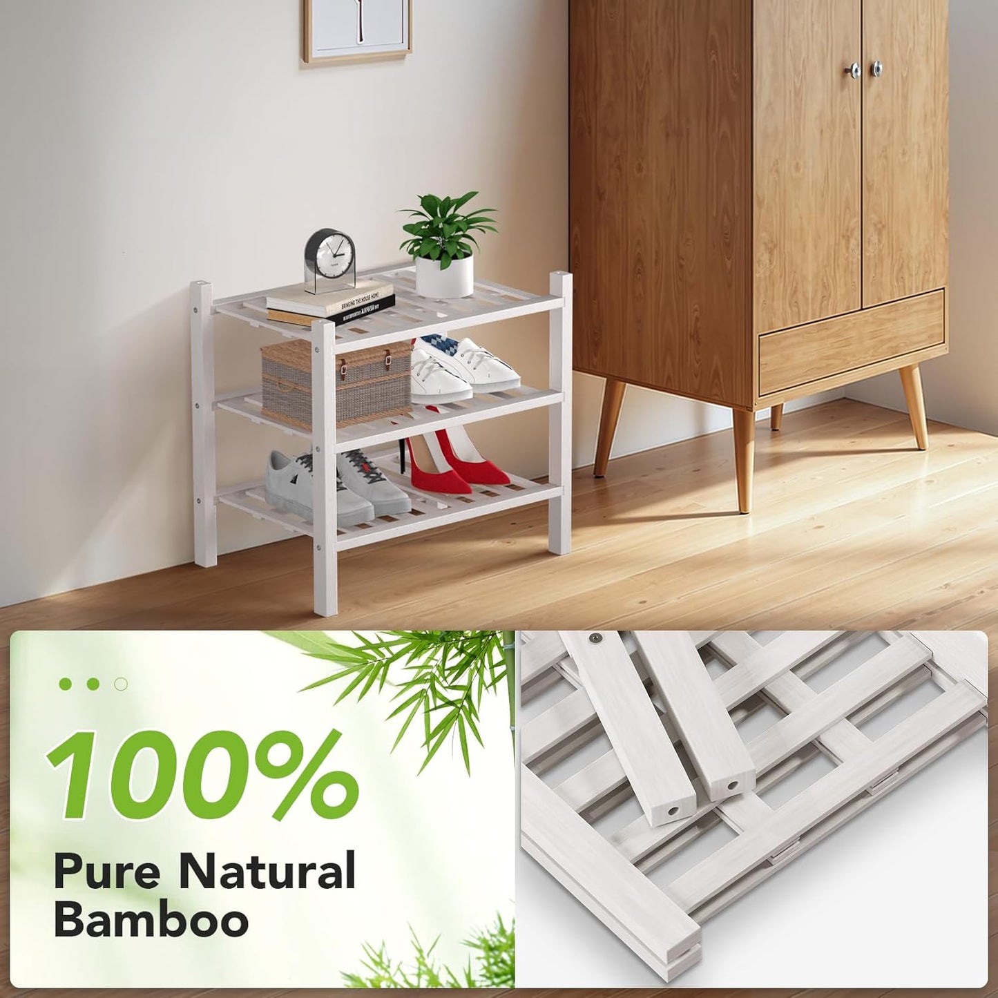 Haddockway small 3 Tier Bamboo Shoe Rack Storage Organizer, Multifunctional Free Standing Stackable Shoe Shelf with Grid Panel for Closet,Hallway,Entryway,Small Space 18"x11"x17"(White, 3-Tier(Small))