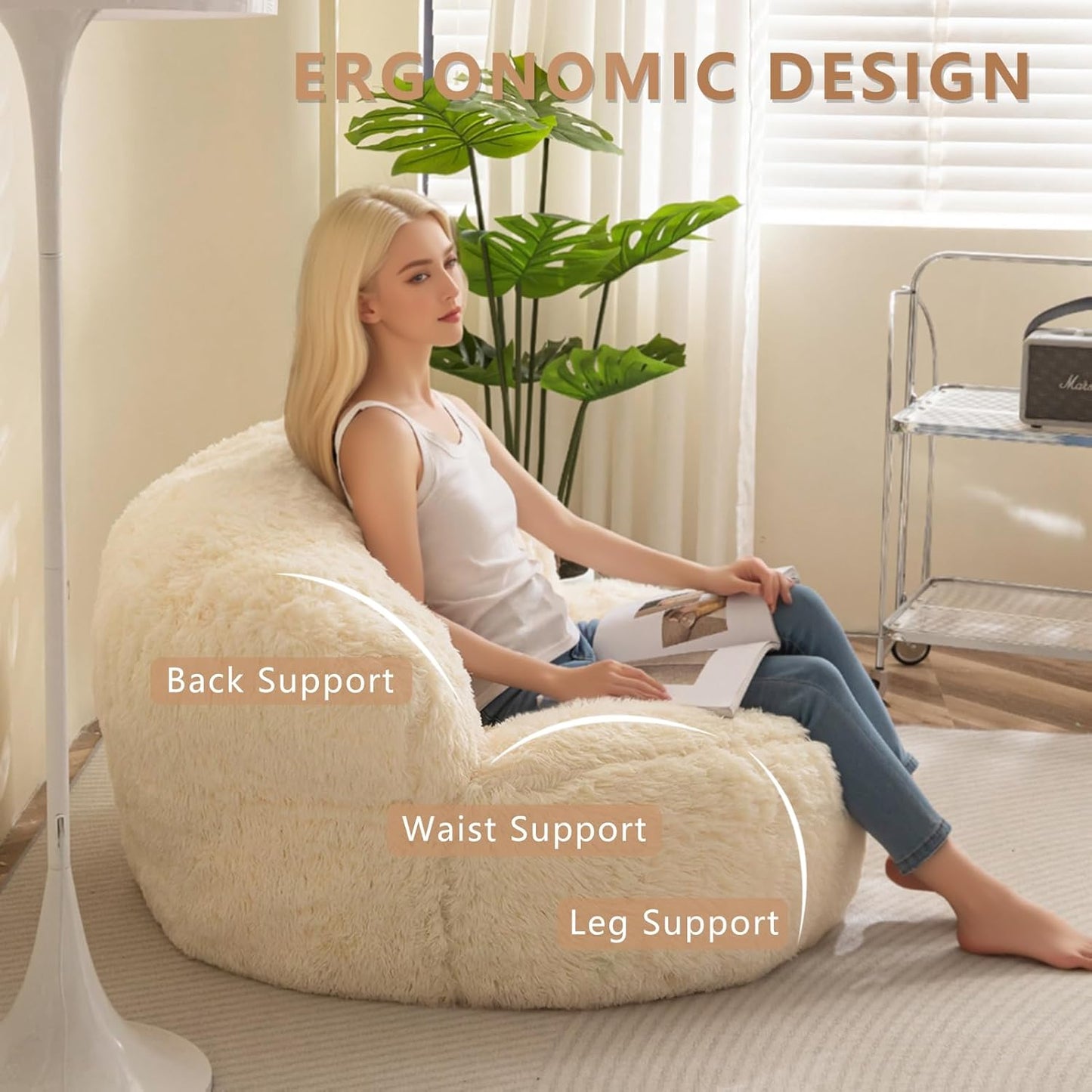 BYBYME Giant Bean Bag Chair, Faux Fur Bean Bag Couch with Filler Large Living Room Bean Bag Chairs for Adults, Big Lazy Sofa Accent Chair with Pocket Floor Chair
