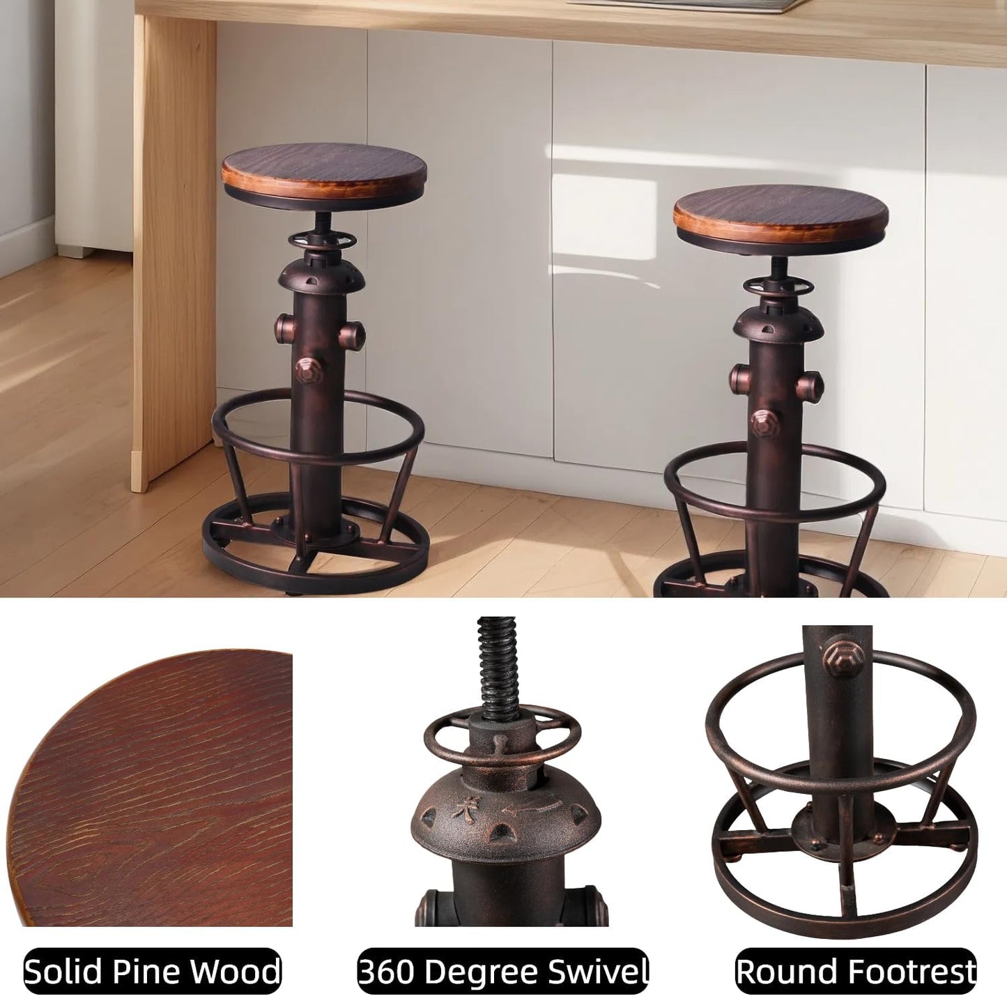 Vintage Swivel Bar Stool Industrial Coffee Kitchen Dining Chair Fire Hydrant Design Height Adjustable 24.8-30.7inch Solid Wooden Seat