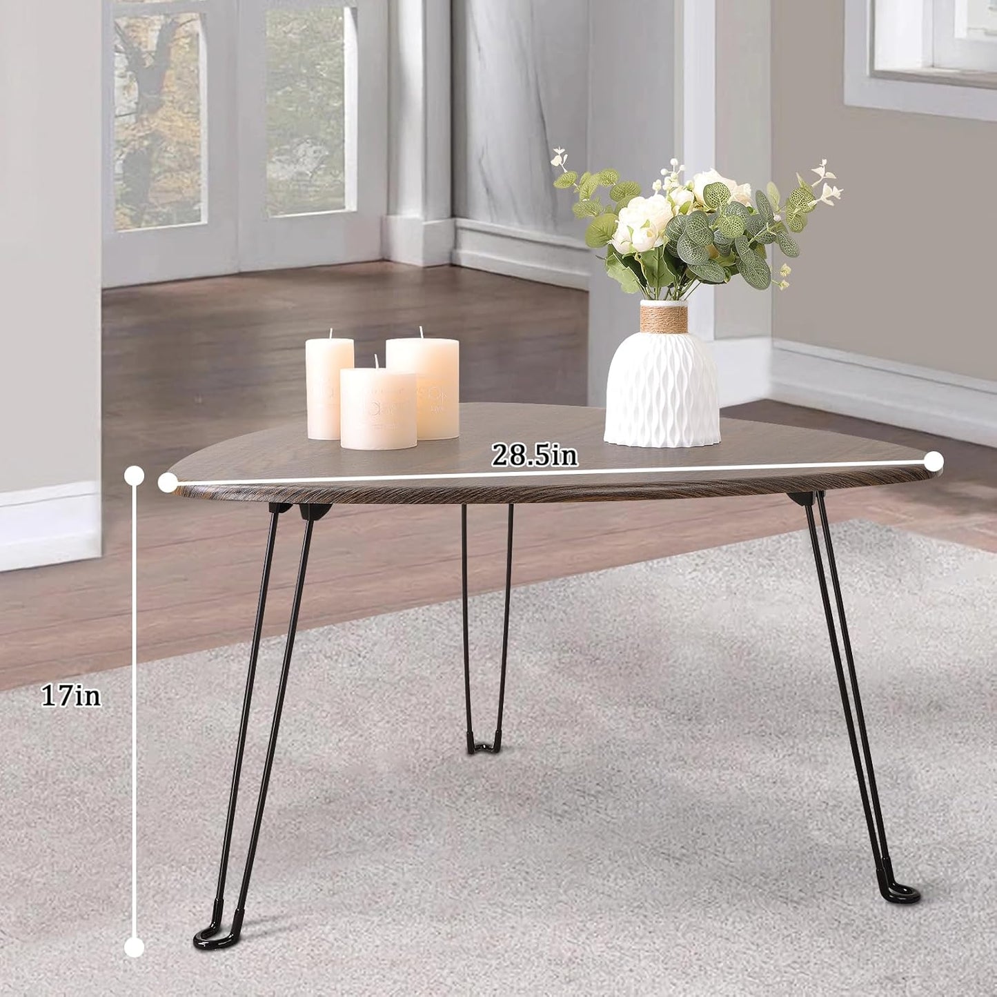Folding Coffee Tables for Small Spaces Foldable Industrial Sofa Center Table Triangle Design Wood Framed Coffee Table Mid Century Rustic Brown Floor Desk for Living Room Balcony