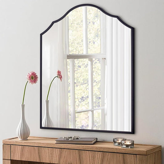 Large Mantle Mirror for Wall, 36"x30" Black Arched Decorative Mirror, Antique Scalloped Metal Frame, for Bathroom, Entryway, Living Room, Bedroom