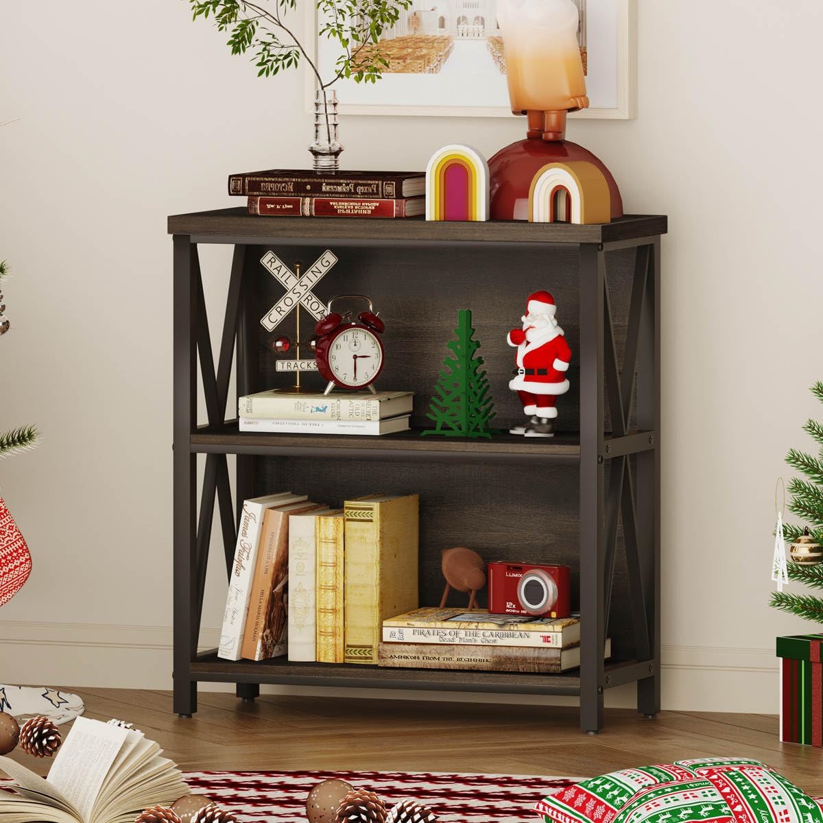 FATORRI Rustic Small 3 Shelf Bookshelf for Living Room, Industrial Low Wood Bookcase, Farmhouse Short Book Shelf for Small Space (Walnut Brown)