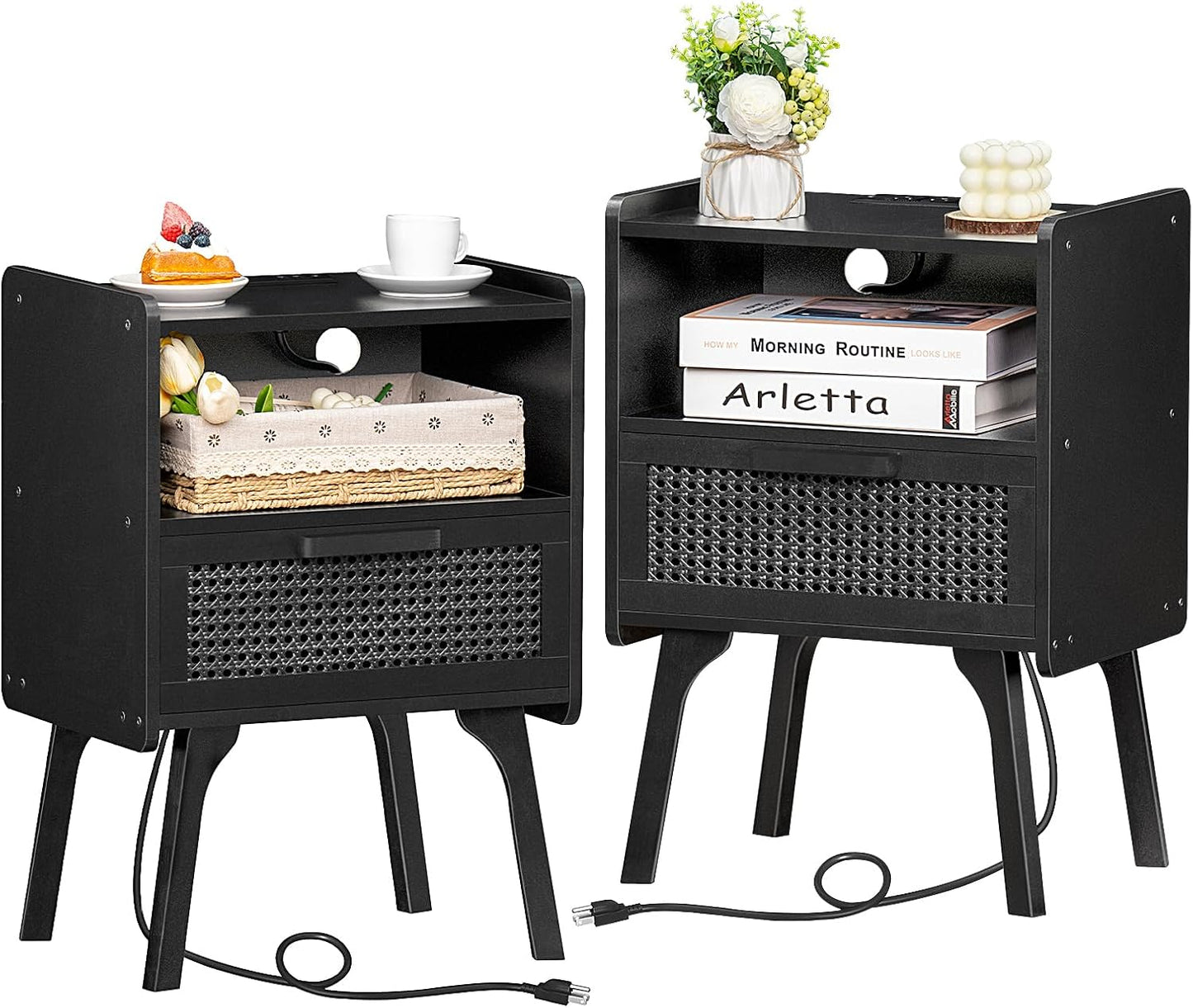 Lerliuo Rattan Nightstands Set of 2 with Charging Station, Boho Side Table with Drawer Open Shelf, Cane Accent Bedside End Table with Solid Wood Legs for Bedroom, Dorm and Small Spaces (Black)