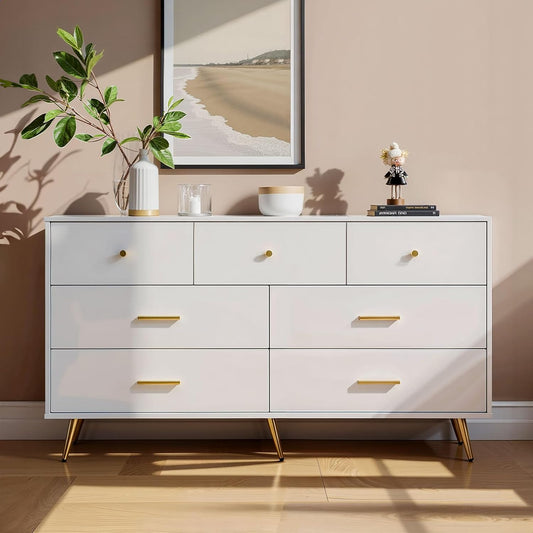 7 Drawer Dresser for Bedroom - White & Gold Chest of Drawers, High Gloss MDF Organizer Storage with Drawers with Golden Handles, Wide Storage Dresser for Bedroom