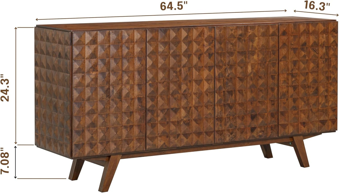 NTC Sapa Mid-Century Modern Solid Wood Sideboard – 4-Door Accent Buffet Cabinet with Carved Geometric Fronts, for Living Room, Dining Room, or Entryway, Effortless Assembly, Dark Walnut