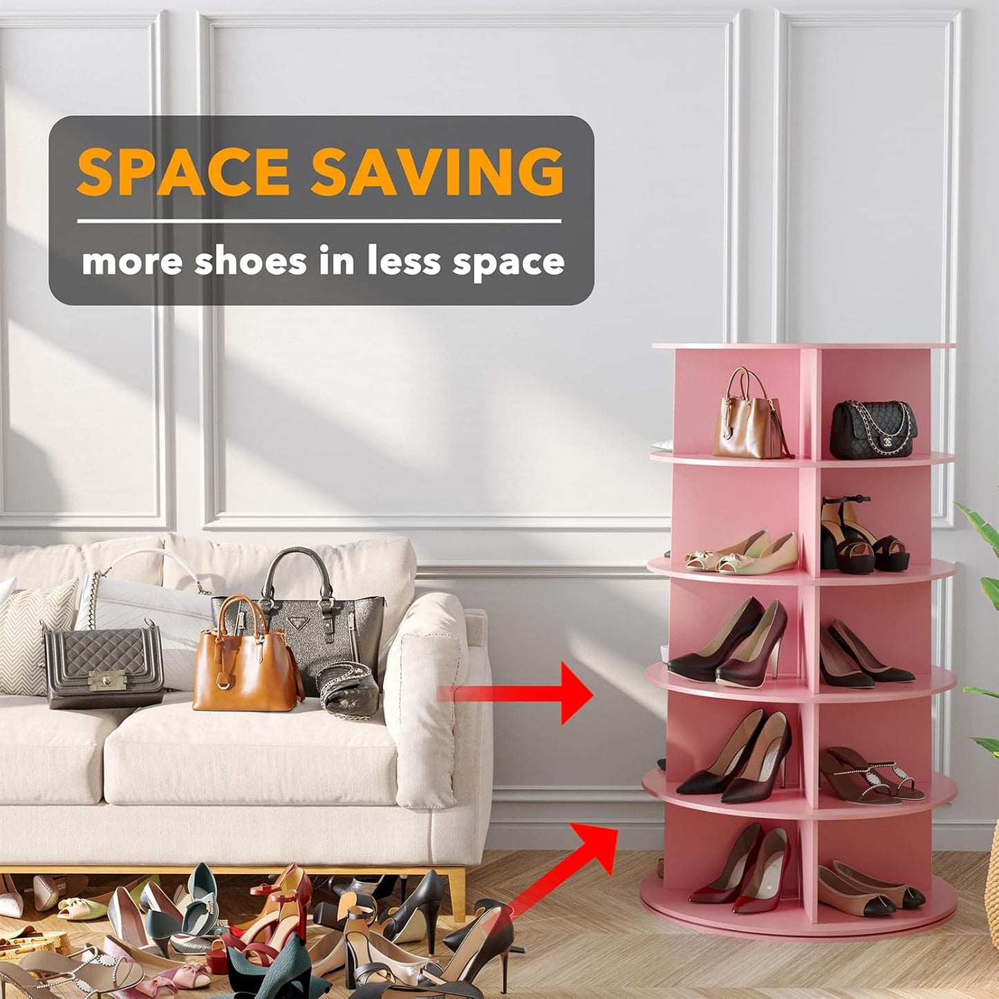 SpaceAid 5 Tier Rotating Shoe Rack Tower, Spinning Shoe Display Lazy Susan, Revolving 360 Shoe Rack Storage Round Carousel, Vertical Handbag Rotate Shoes Closet Organization (5-Tier Pink)
