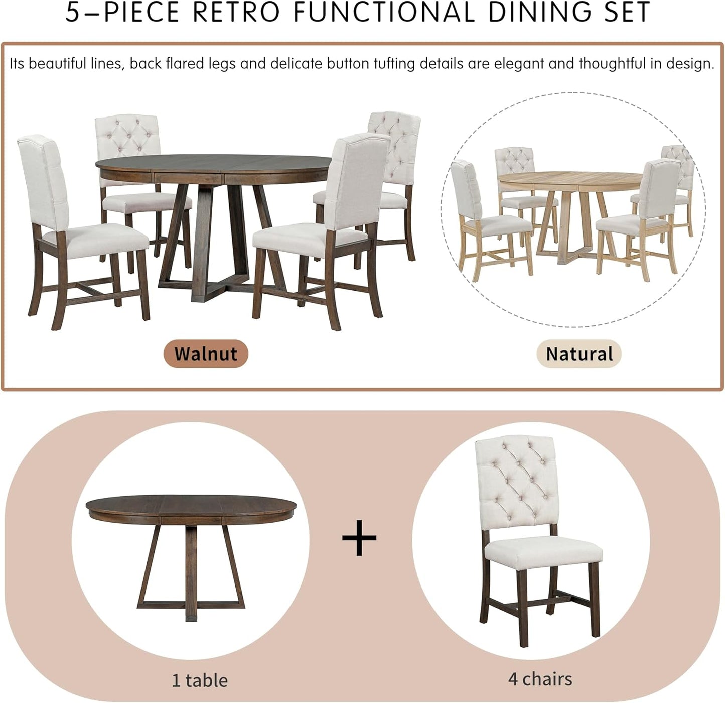 5 Pieces Dining Table Set with 42" Table,Living Room Furniture W/ 4 Upholstered Chairs,Tabletop Can be Adjusted from Round to Oval in Shape,for Restaurant,Home Bistro,Walnut
