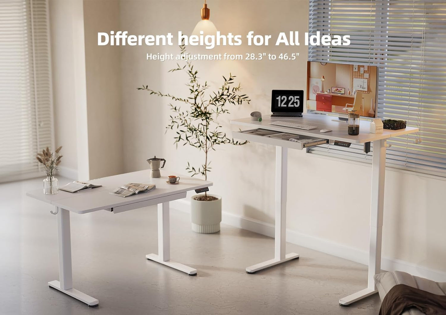 YDN Standing Desk with Drawers, 48 x 24 Inch White Standing Desks Electric Adjustable Height Desk for Computer Workstations, White