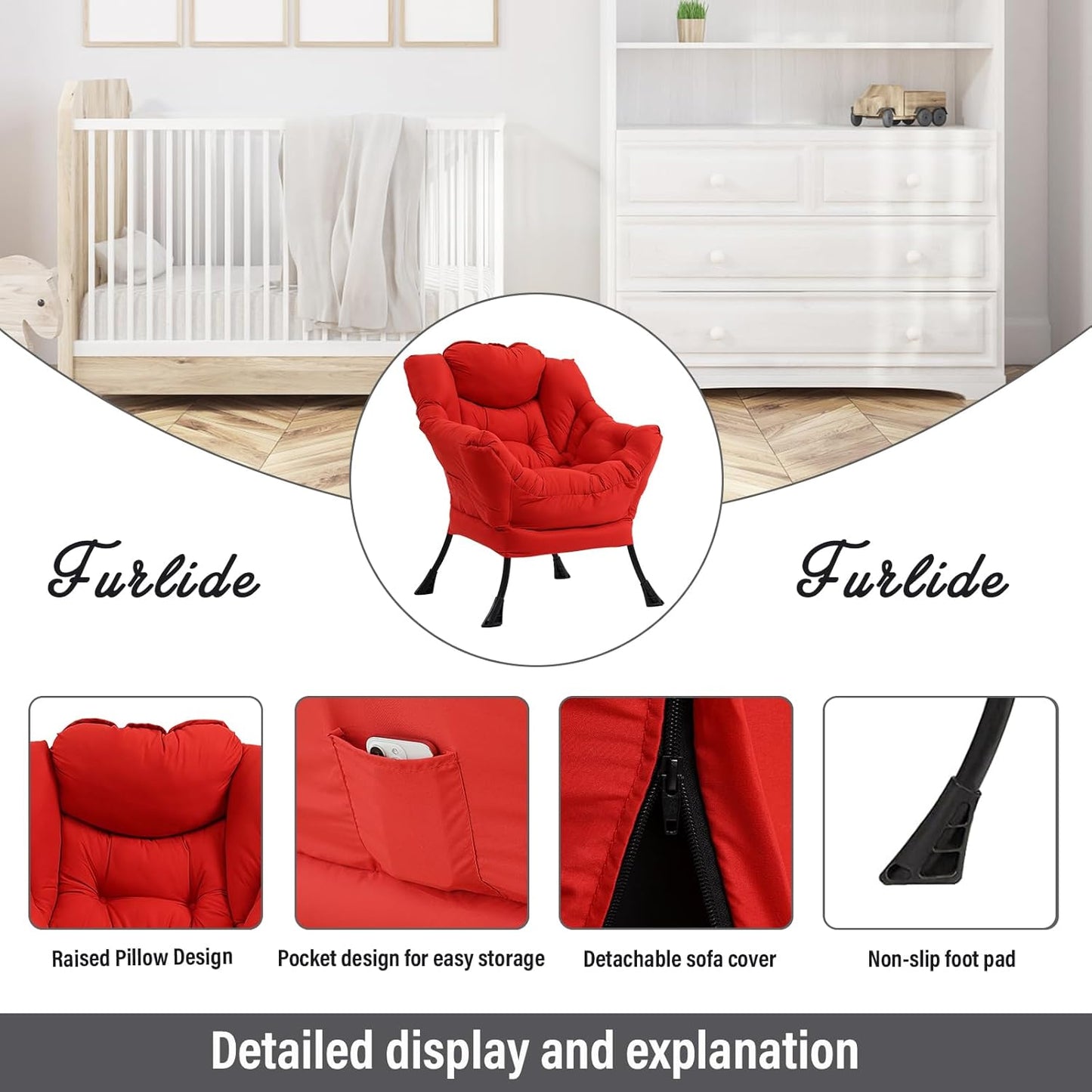 Modern Lazy Chair with Folding Footrest, Lounge Accent & Comfortable Reading Chair (Red)