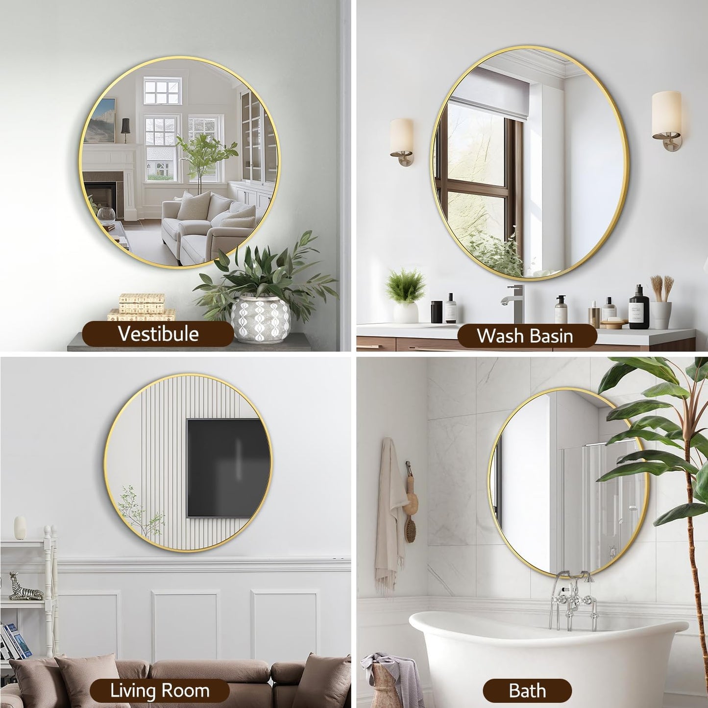 Round Mirrors for Wall Decor 28 Inch Gold Mirror Round Bathroom Mirror Matte Gold Wall Mirror Brushed Metal Frame Anti-Rust Tempered Glass for Bathroom Bedroom Living