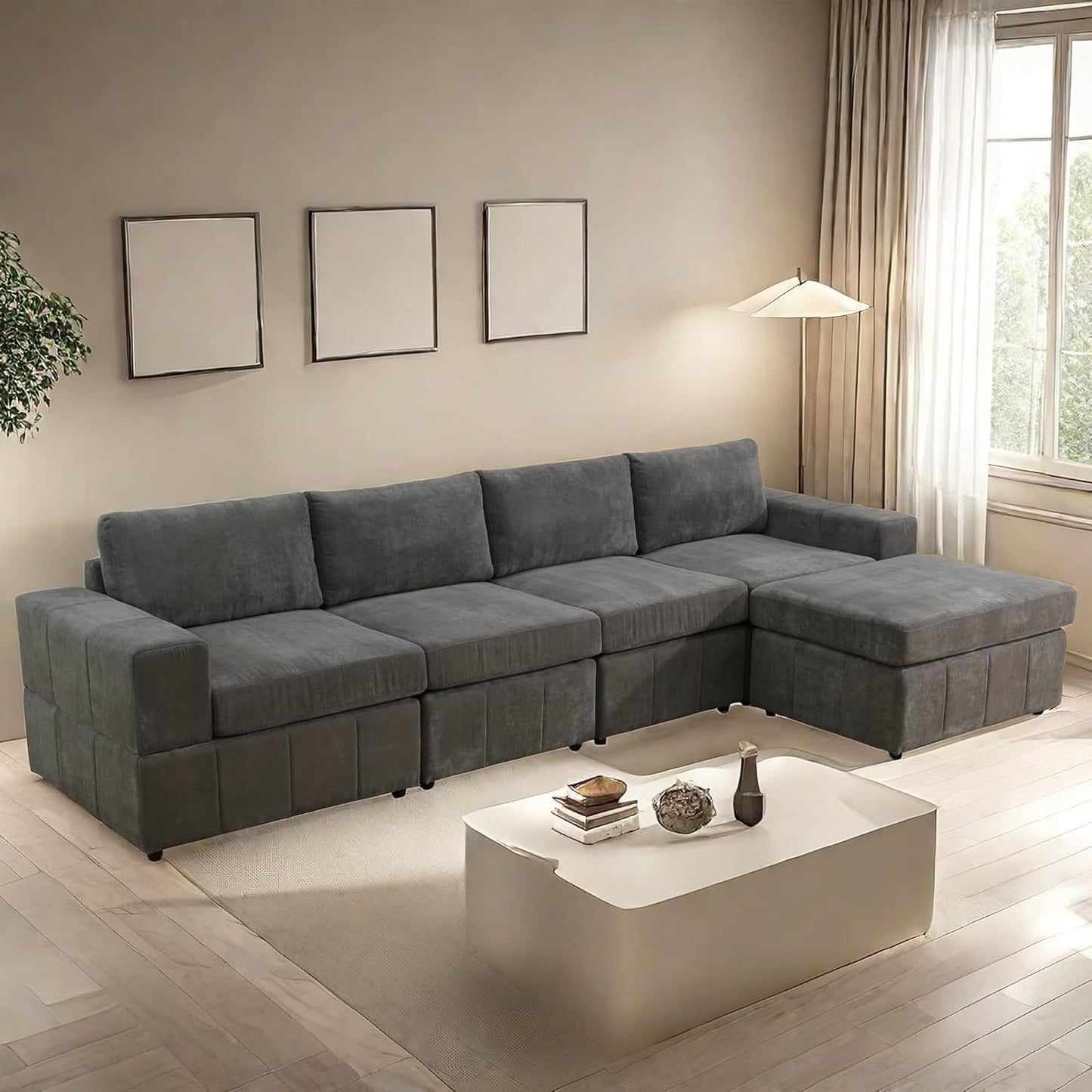 Sectional Couches for Living Room, 130″ Modular Sectional Sofa with Ottoman, Modern L Shaped Couch with Chaise for Bedroom, Brown