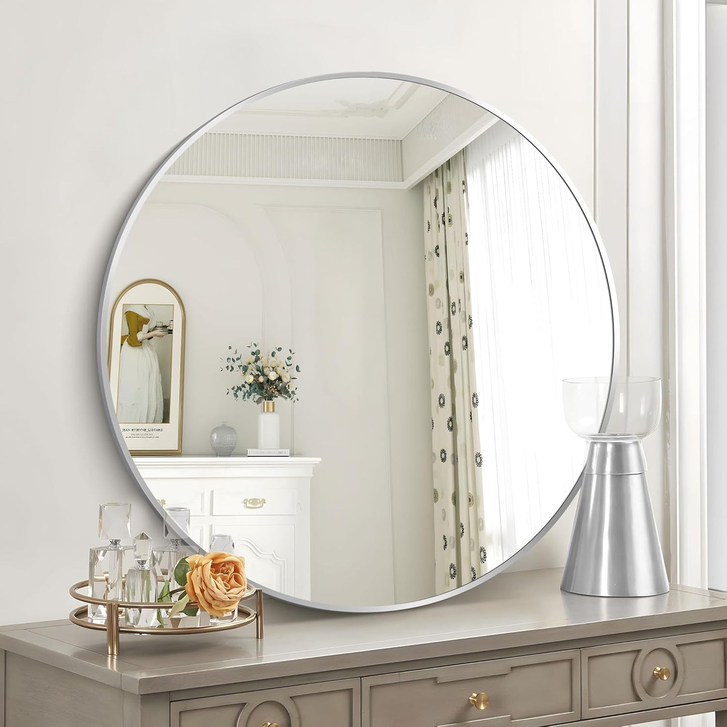Silver Round Mirror, 39 Inch Wall Mounted Round Mirror, Aluminum Alloy Metal Frame Wall Mirror, Round Bathroom Mirror, Round Mirror for Bathroom, Entryway, Living Room, Large Mirror for Over Sink