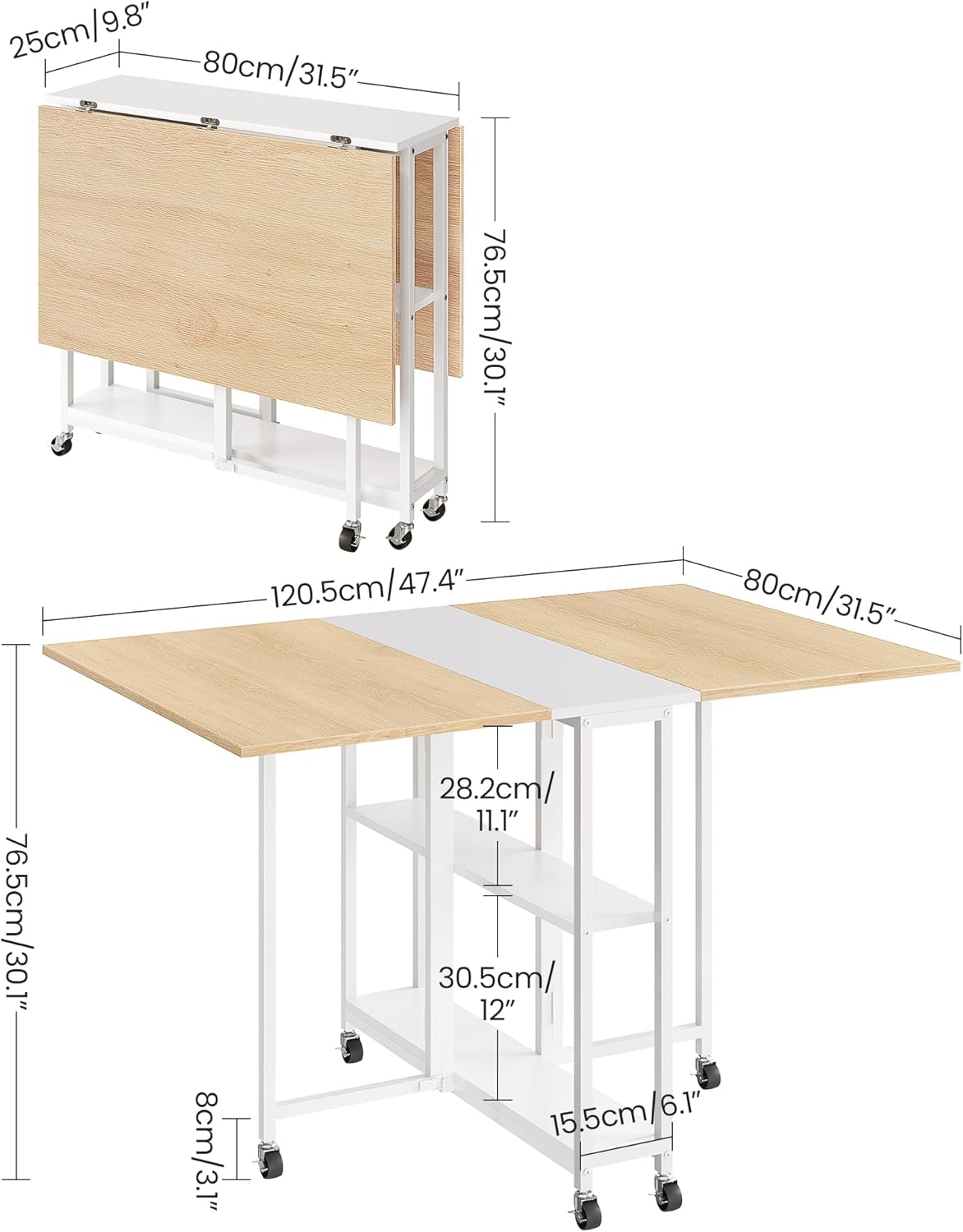 Folding Dining Table, Movable Dining Table, Kitchen Table for Small Space, Foldable and Expandable Desk Furniture with 6 Wheels, for Dining, Living Room, Apartment, White and Natural TCZ01WN