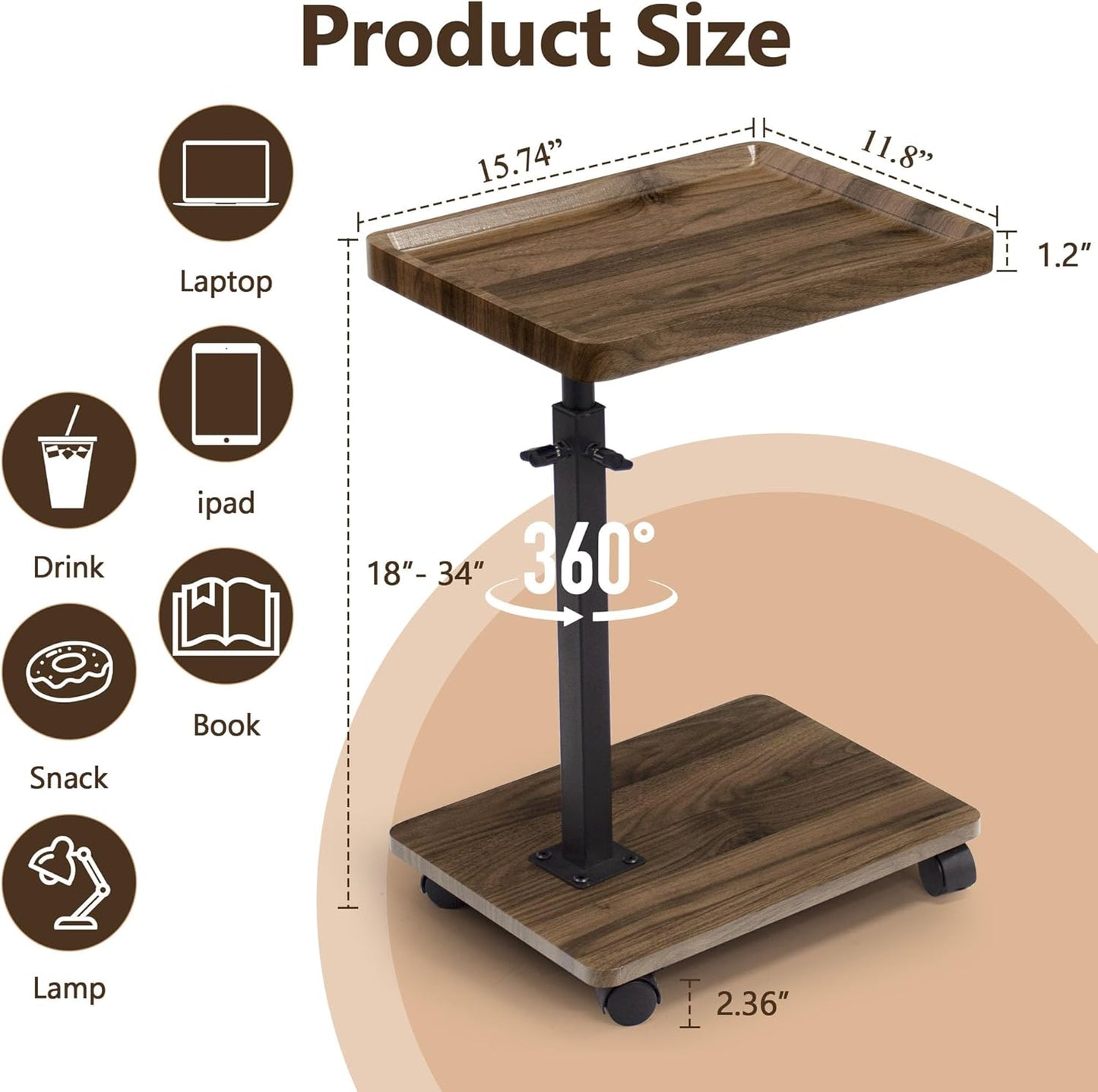 Aoligrace C Table End Table Adjustable Height, 360° Swivel Side Table with Wheels, Small TV Tray Table for Living Room Bedroom, Couch Tables That Slide Under for Sofa Bed Chair