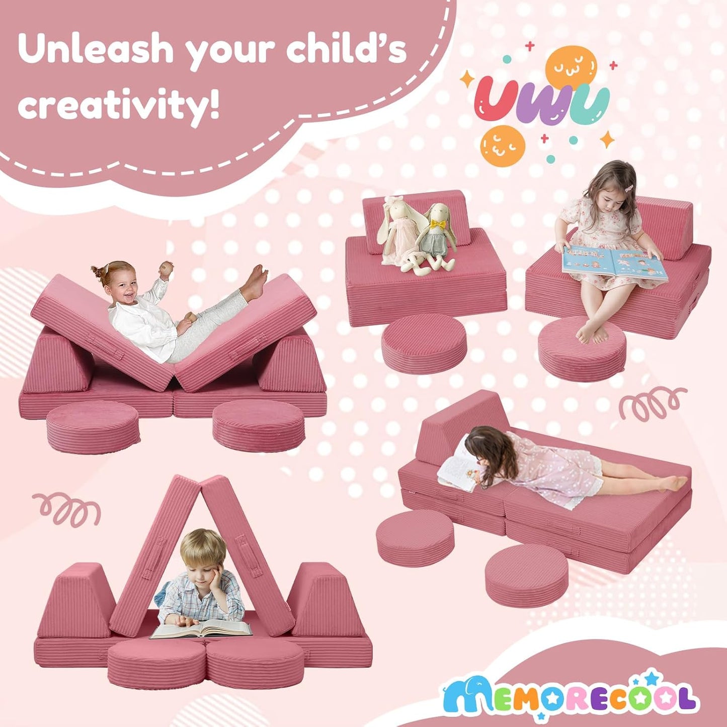 MeMoreCool Kids Couch for Playroom, Corduroy Convertible Toddler Couch, 8 Piece Modular Play Sofa, Foam Fort Building Set for Child Room Furniture, Pink