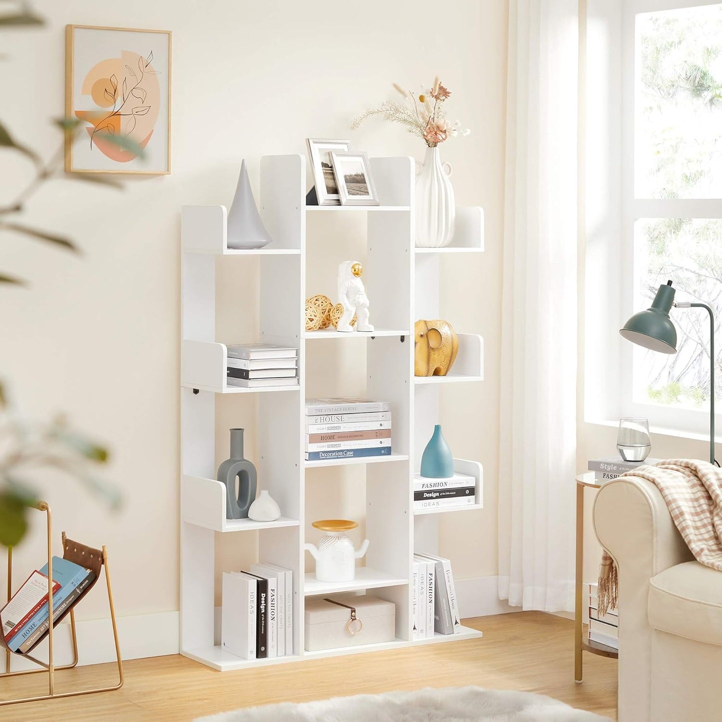 VASAGLE Tree-Shaped Bookcase with 13 Shelves and 5-Tier Freestanding Bookshelf, White Storage Shelving
