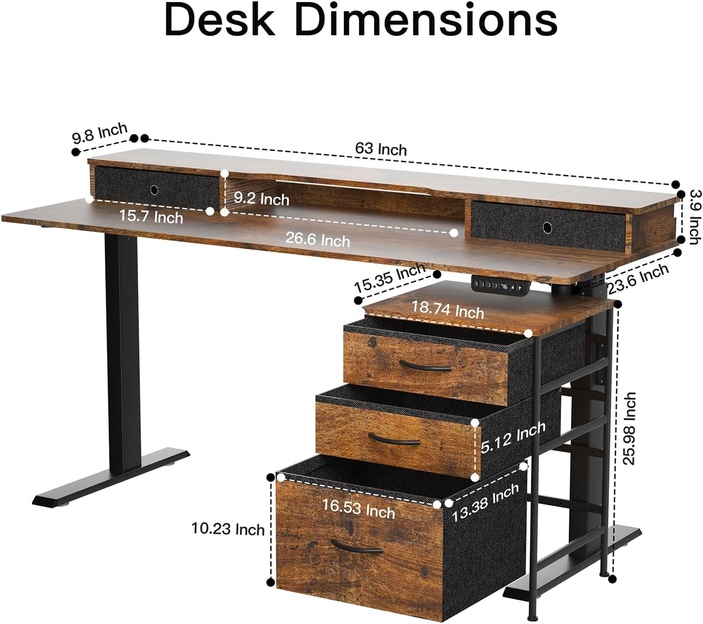 63 Inch Electric Standing Desk with Cabinet & Drawers, Height Adjustable Sit Stand Desk with Monitor Shelf, Smart Home Office Standing Computer Desk, Rustic Brown