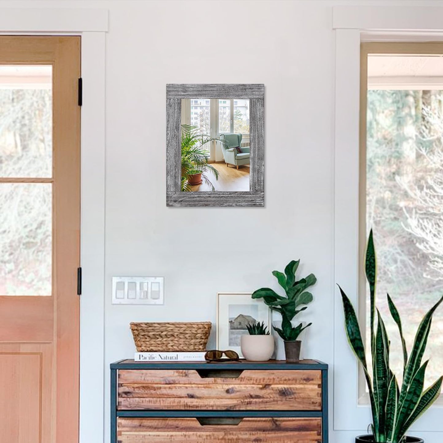 Rustic Wall Mirror Farmhouse, with Frame Wood Wall Mirror Rectangle Antique Decor Hanging Mirror for Bathroom Living Room Bedroom Entryway Small 16" x 12 "