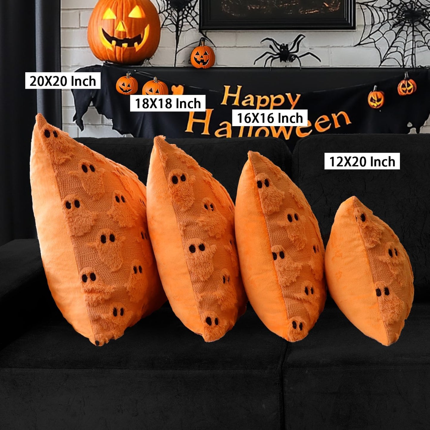 4TH Emotion Halloween Ghost Decorative Lumbar Pillow Covers 12x20 Set of 2, Orange Soft Plush Faux Fur Farmhouse Throw Cushion Cases for Fall Autumn Holiday Home Decorations