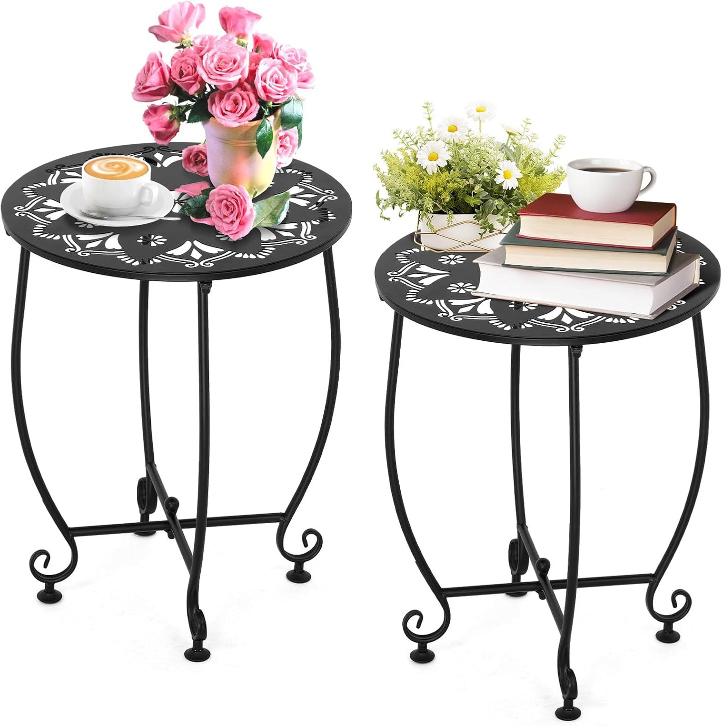 2 Pack Outdoor Side Tables for Patio, Weather Resistant Steel Patio Side Table, Small Round Outdoor End Table Metal Side Table for Patio Yard Balcony Garden Black (Flowers)