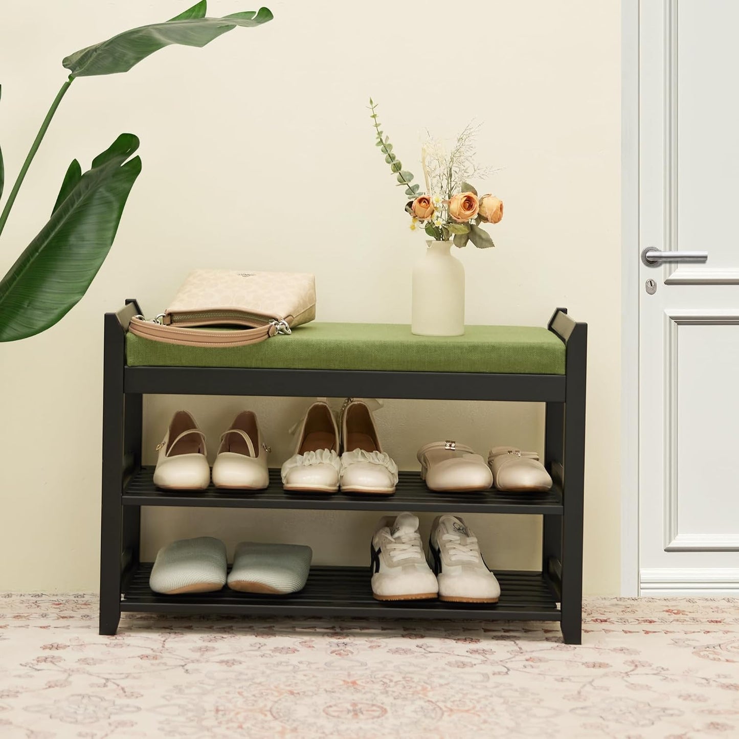 Shoe Rack Bench with Storage 27.6 in, Black Shoe Storage Bench with Cushion for Entryway, Hallway, Bedroom, Living Room