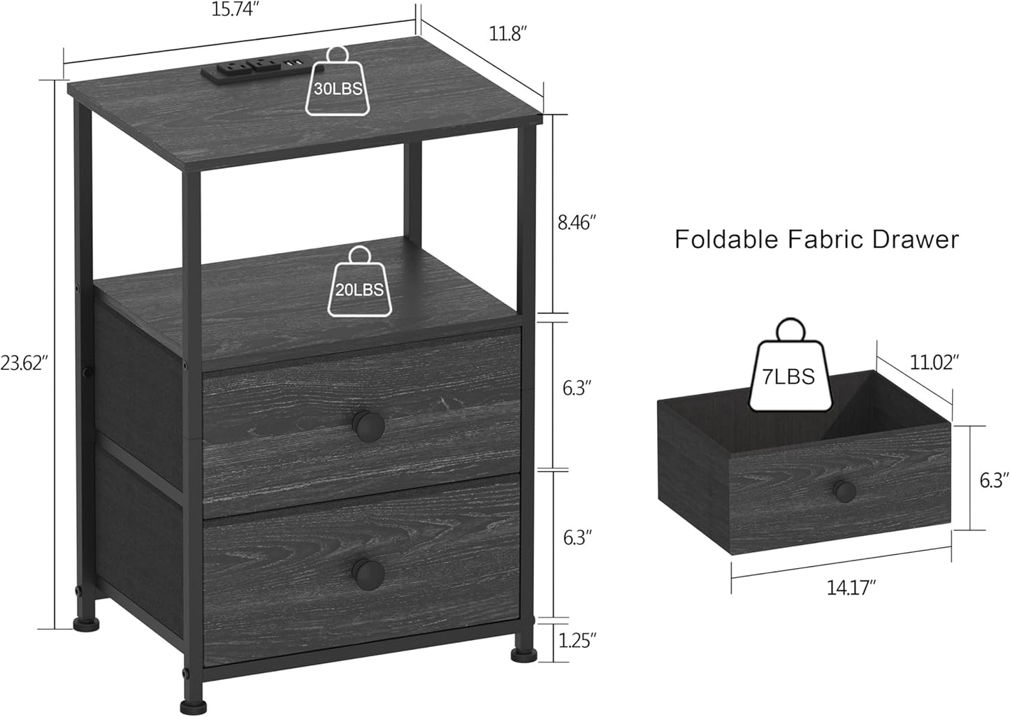 Tohomeor End Table with Charging Station, LED Light, Fabric Drawers, and USB Ports - Charcoal