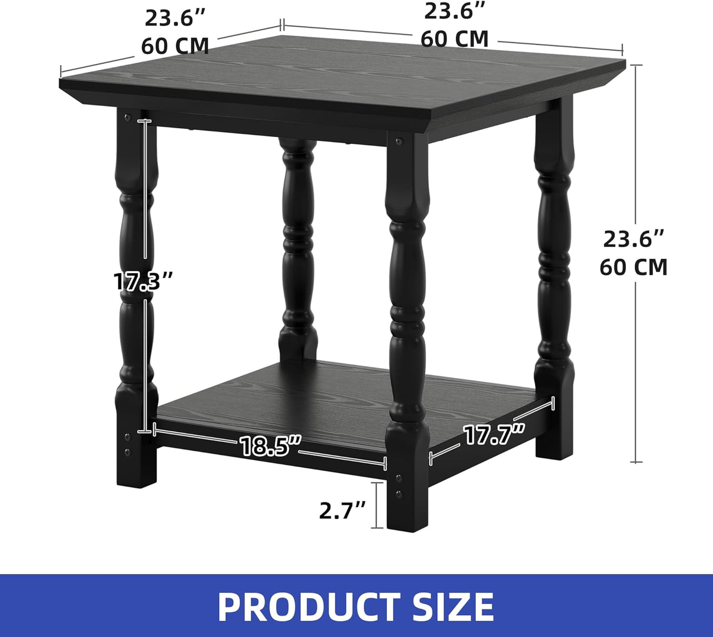 DWVO Farmhouse Square Coffee Table, Antique Accent Side Table with Floor Shelf, 23.6"x 23.6" Living Room Furniture, Black