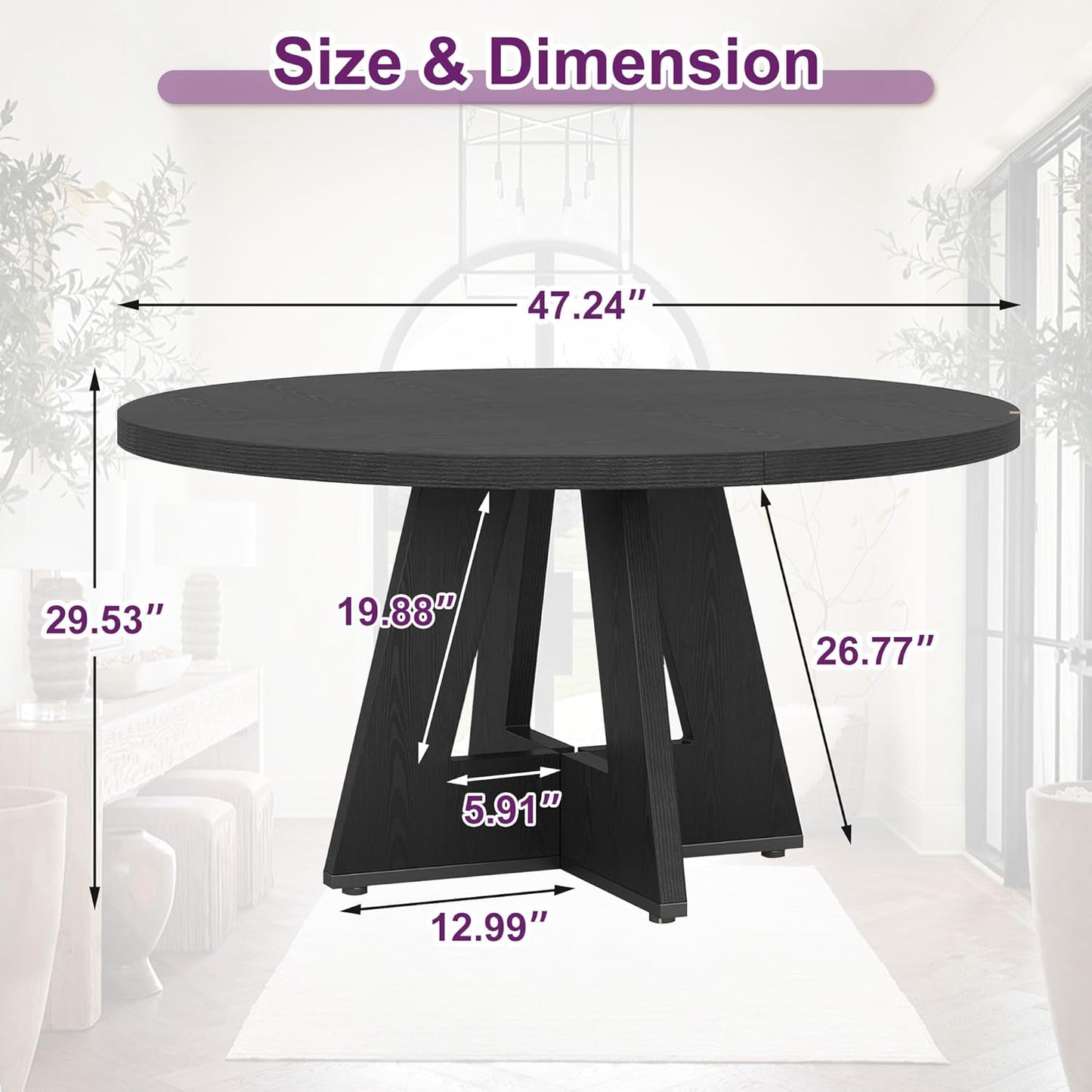 Round Dining Table for 4, 47" Wooden Kitchen Dinner Table Rustic, Farmhouse Table for Dining Room, Living Room, Black
