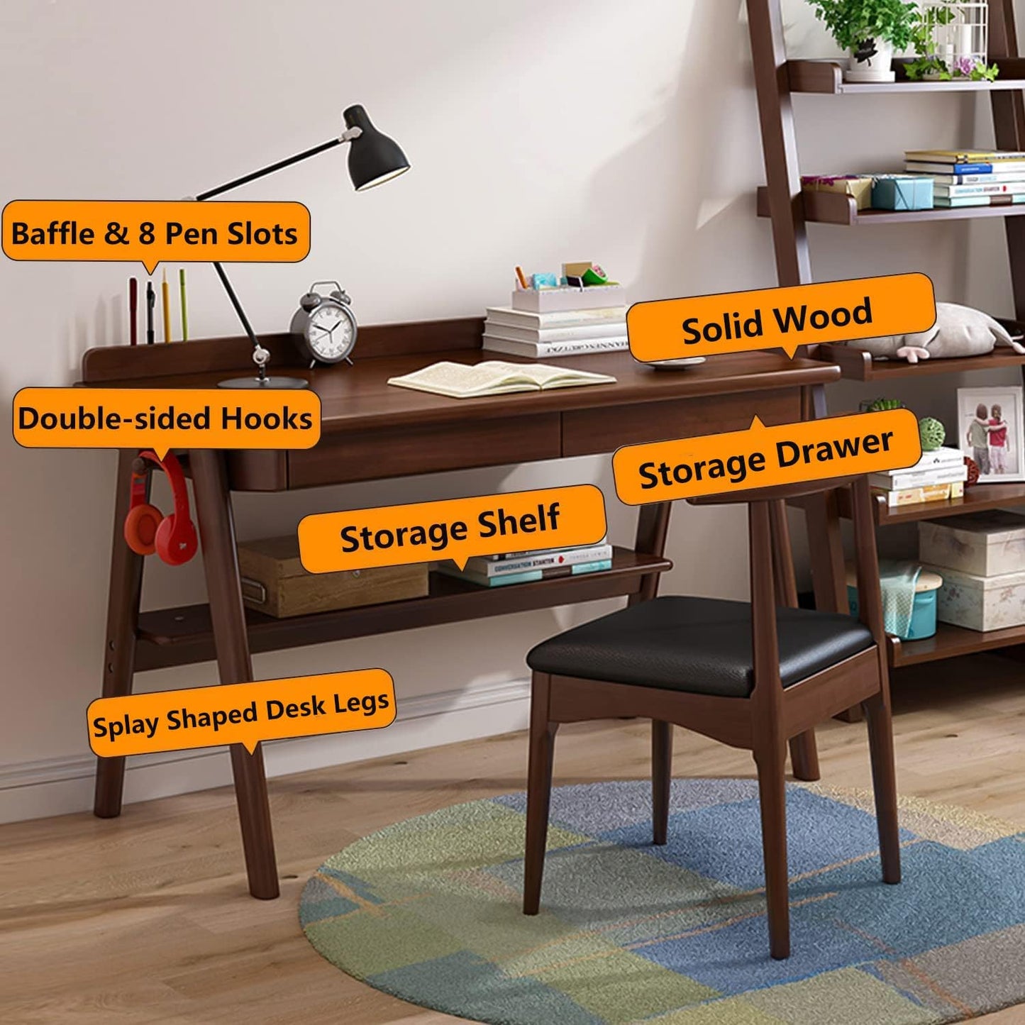 Solid Wood Writing Desk, 47" Mid-Century Modern Walnut Desk, Home Office Computer Desk with 2 Drawers and Storage Shelf, Laptop Desk, Study Table, Work Desk Station