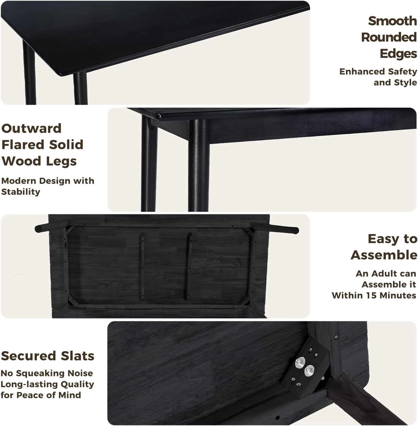 DELAVIN 59" Large Solid Wood Dining Table for 4-6 People, Mid Century Modern Oak Dining Room Table, Farmhouse Rectangular Kitchen Table for Dining Room, Living Room, Easy Assembly, Black