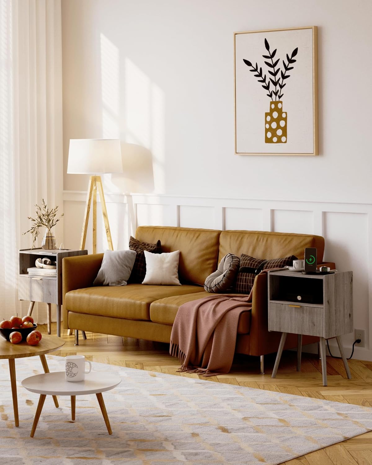 Nightstand with Outlet,Modern Bedside Table with Storage Drawer and Open Wood Shelf, for Living Room, Bedroom and Small Spaces, Accent Night Stand with Solid Wood Legs, Easy Assembly,Grey Oak