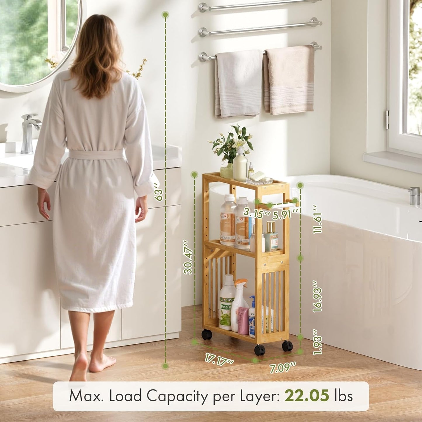 AmazerBath Slim Toilet Paper Holder with Storage Shelf Bamboo - Small Bathroom Storage Cabinet Next to Toilet, Skinny Shelf for Small Spaces, 3 Tier Rolling Stand for Bathroom Kitchen, Natural Color