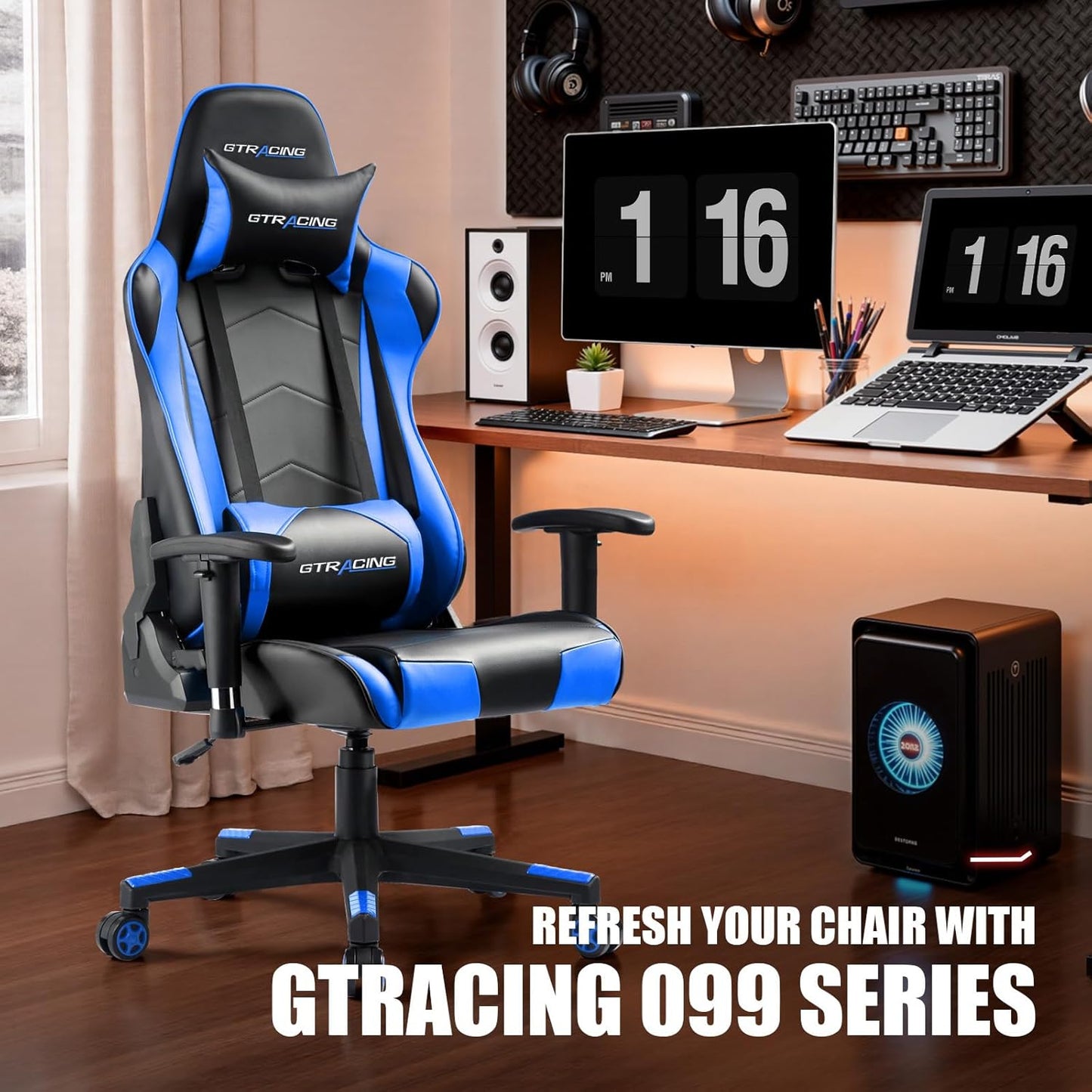 GTRACING Gaming Chair Racing Office Computer Ergonomic Video Game Chair Backrest and Seat Height Adjustable Swivel Recliner with Headrest and Lumbar Pillow Esports Chair (NavyBlue)