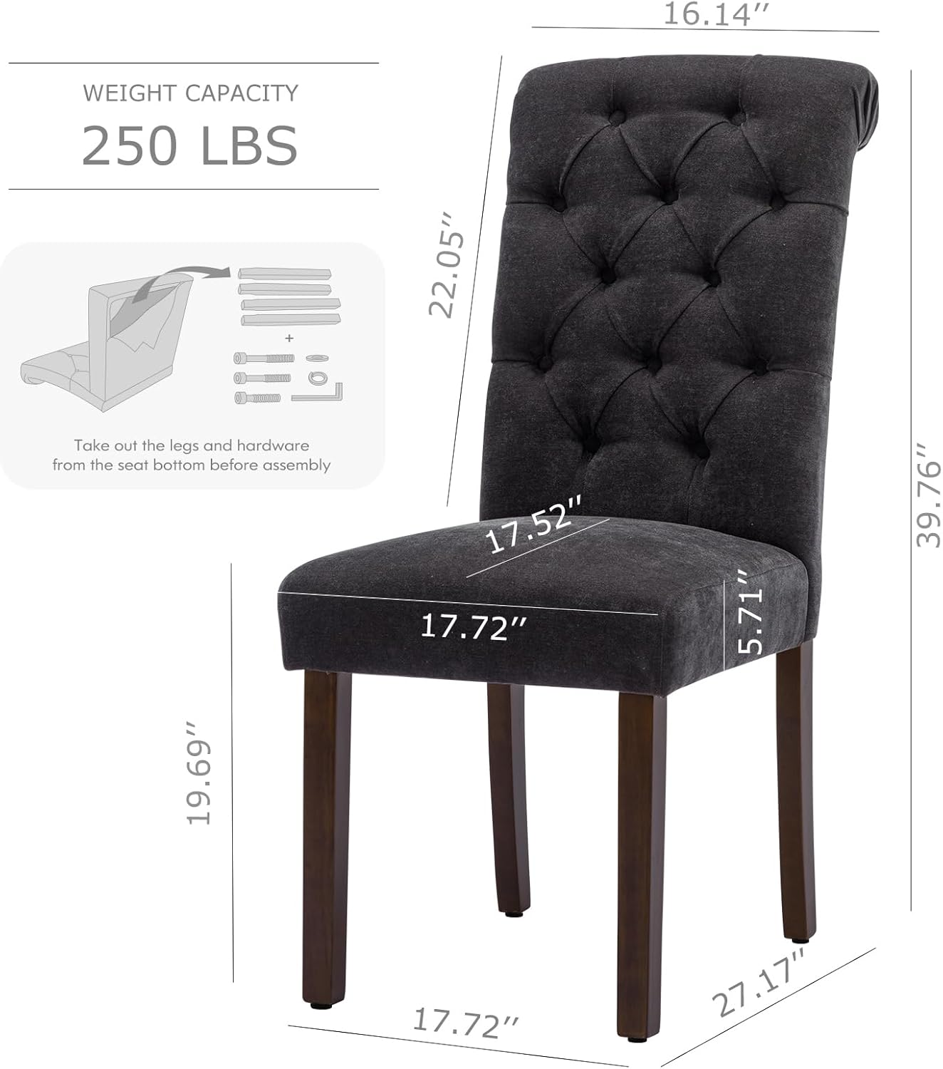 COLAMY Button Tufted Dining Chairs Set of 6, Parsons Upholstered Fabric Dining Room Chairs Kitchen Chairs with Wood Legs and Padded Seat, Black